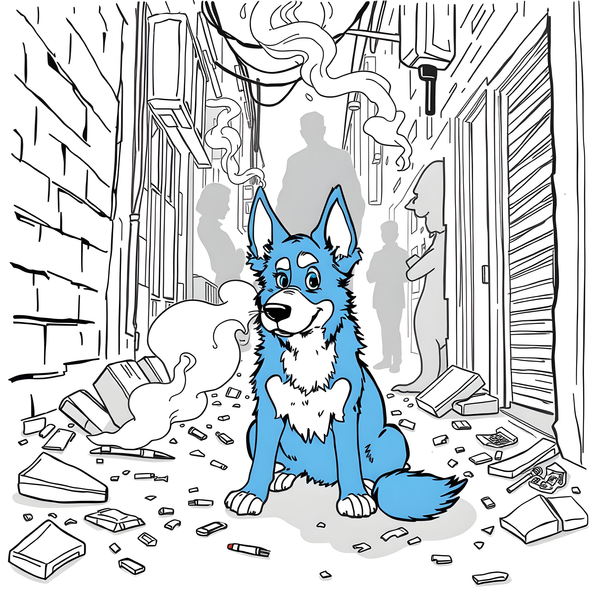 Bluey exploring the ruined city streets Coloring Page (free black-and-white line drawing printable PDF for all, from beginners to advanced learners, including children, teens, adults, and seniors)