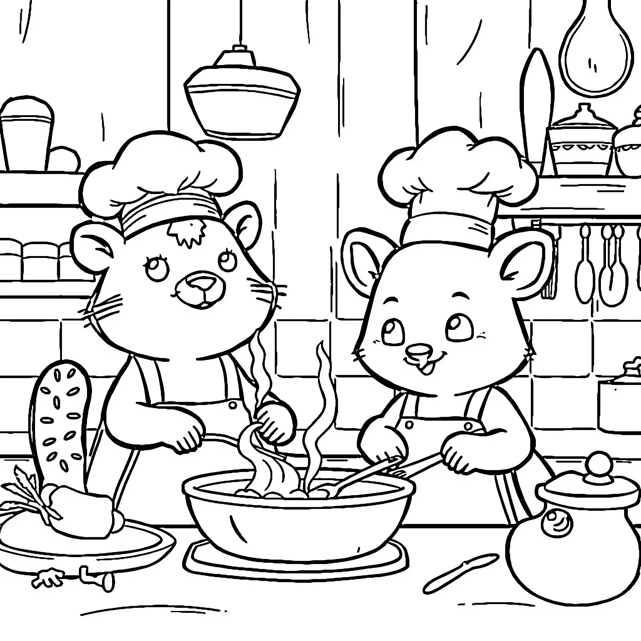 Animal friends cooking together in the kitchen Coloring Page (free black-and-white line drawing printable PDF for all, from beginners to advanced learners, including children, teens, adults, and seniors)
