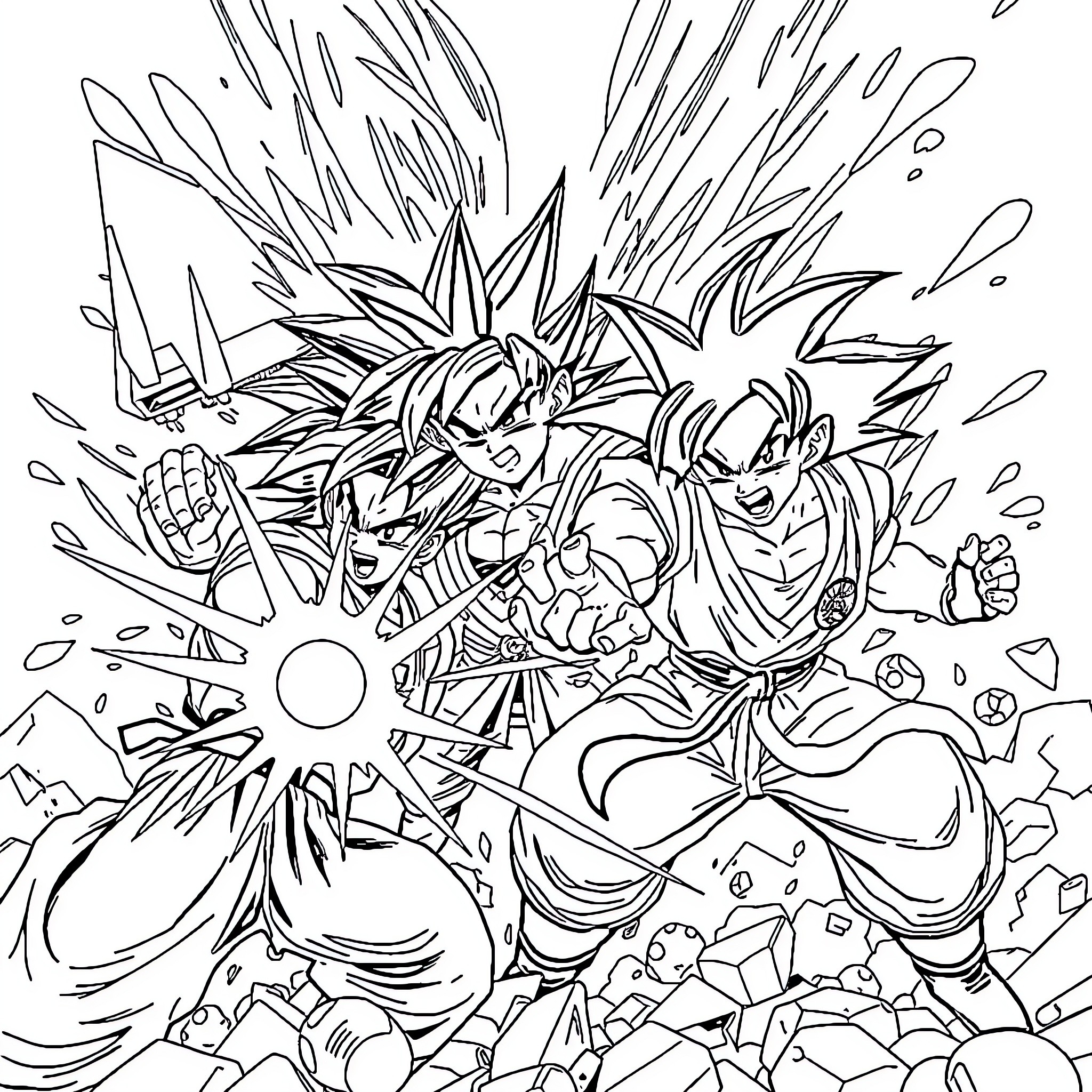 Dragon Ball Z Characters in Epic Battle Pose Coloring Page (free black-and-white line drawing printable PDF for all, from beginners to advanced learners, including children, teens, adults, and seniors)
