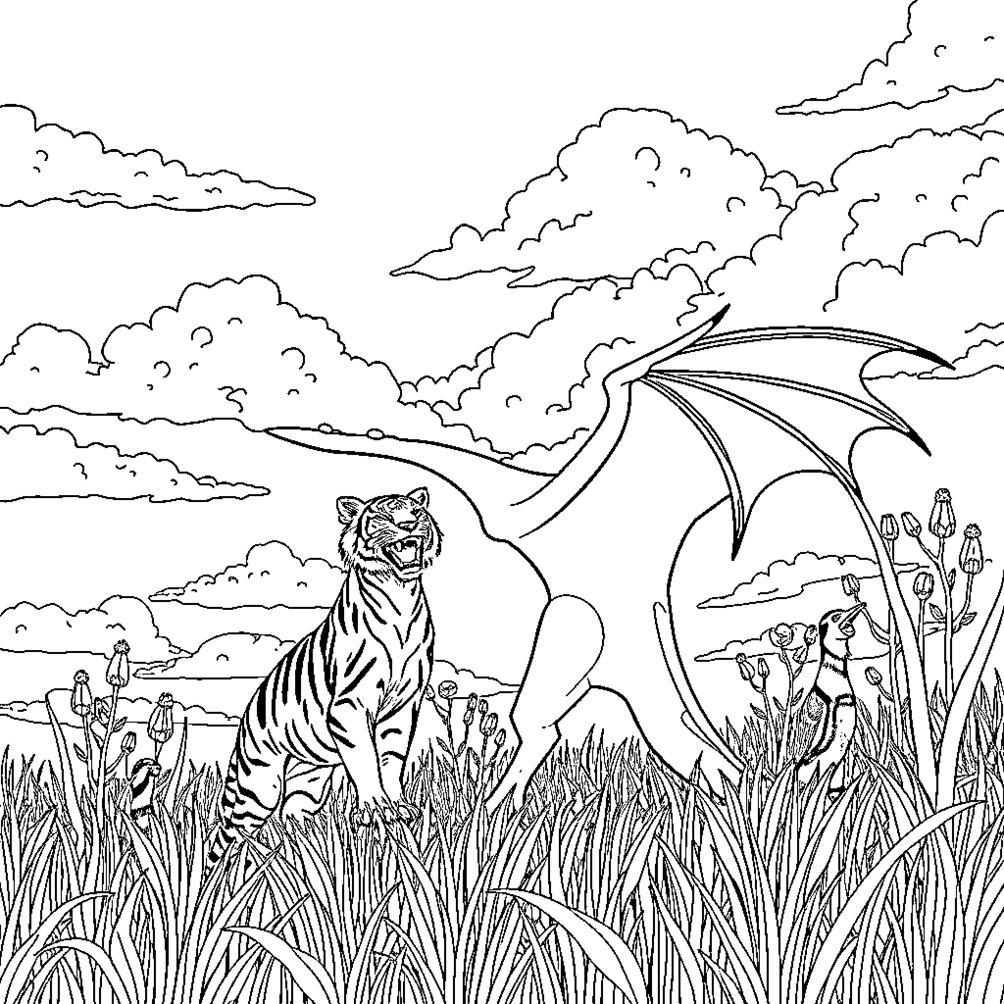 Dragon guarding a lush, fantastical landscape Coloring Page (free black-and-white line drawing printable PDF for all, from beginners to advanced learners, including children, teens, adults, and seniors)