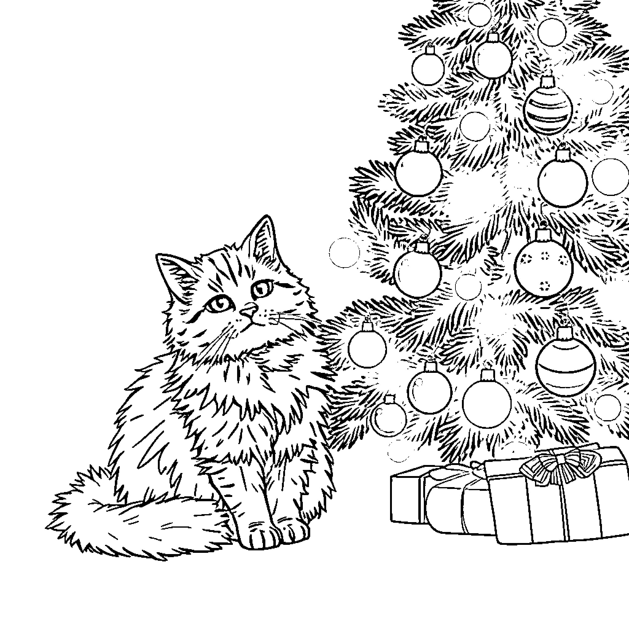 Cat near Christmas tree with ornaments Coloring Page (free black-and-white line drawing printable PDF for all, from beginners to advanced learners, including children, teens, adults, and seniors)