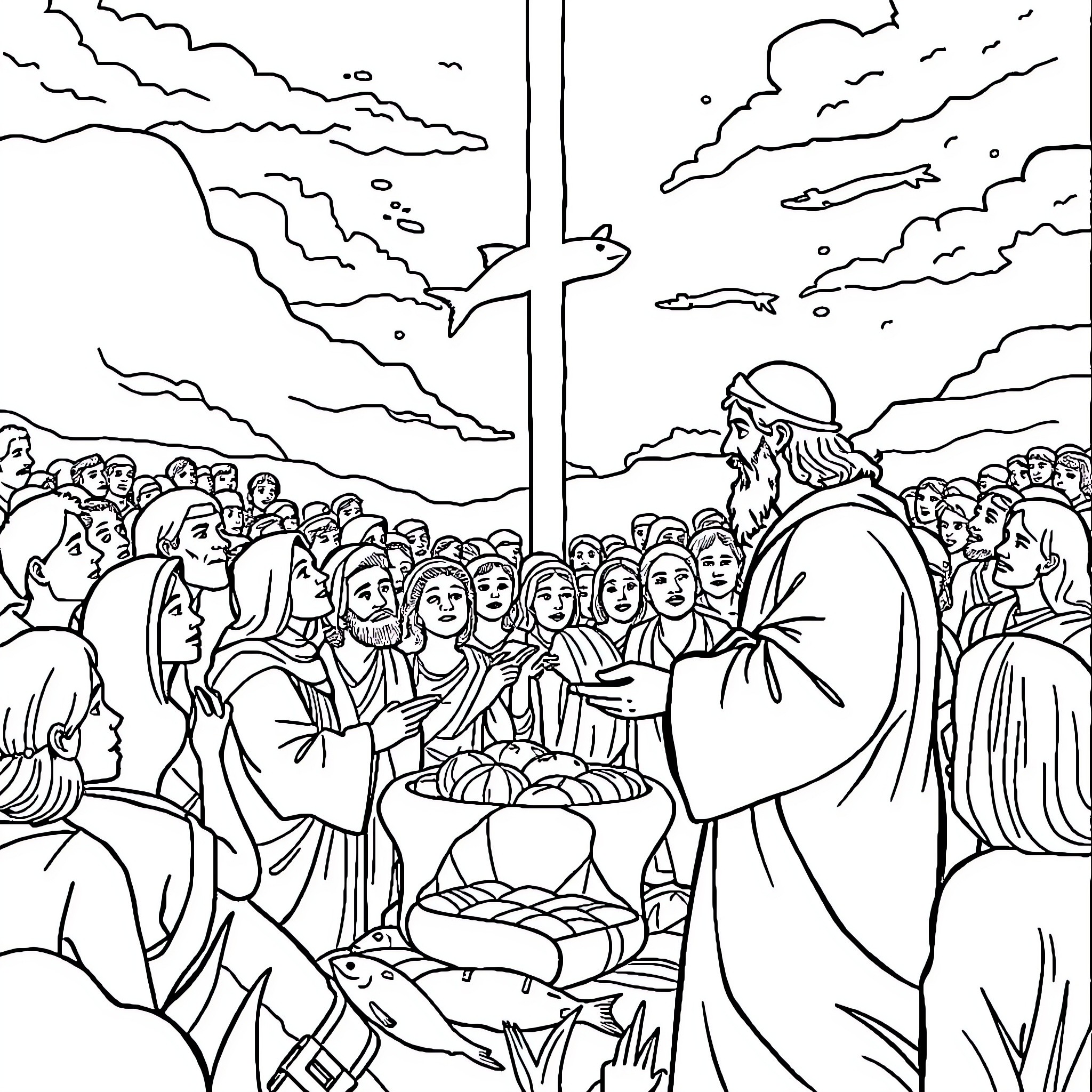 Feeding of the Five Thousand with multitude and basket of loaves Coloring Page (free black-and-white line drawing printable PDF for all, from beginners to advanced learners, including children, teens, adults, and seniors)