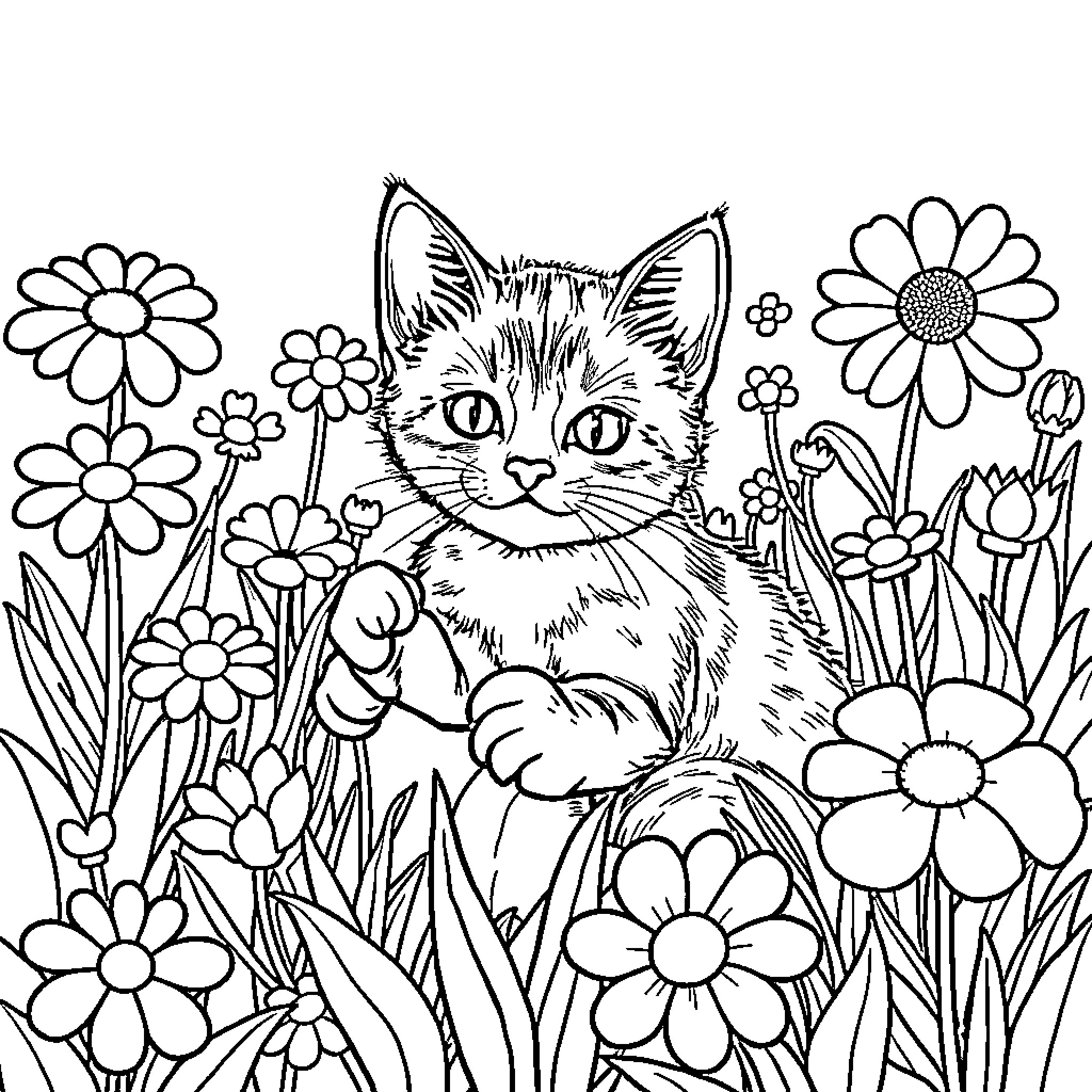 Cat in a Floral Garden Coloring Page (free black-and-white line drawing printable PDF for all, from beginners to advanced learners, including children, teens, adults, and seniors)