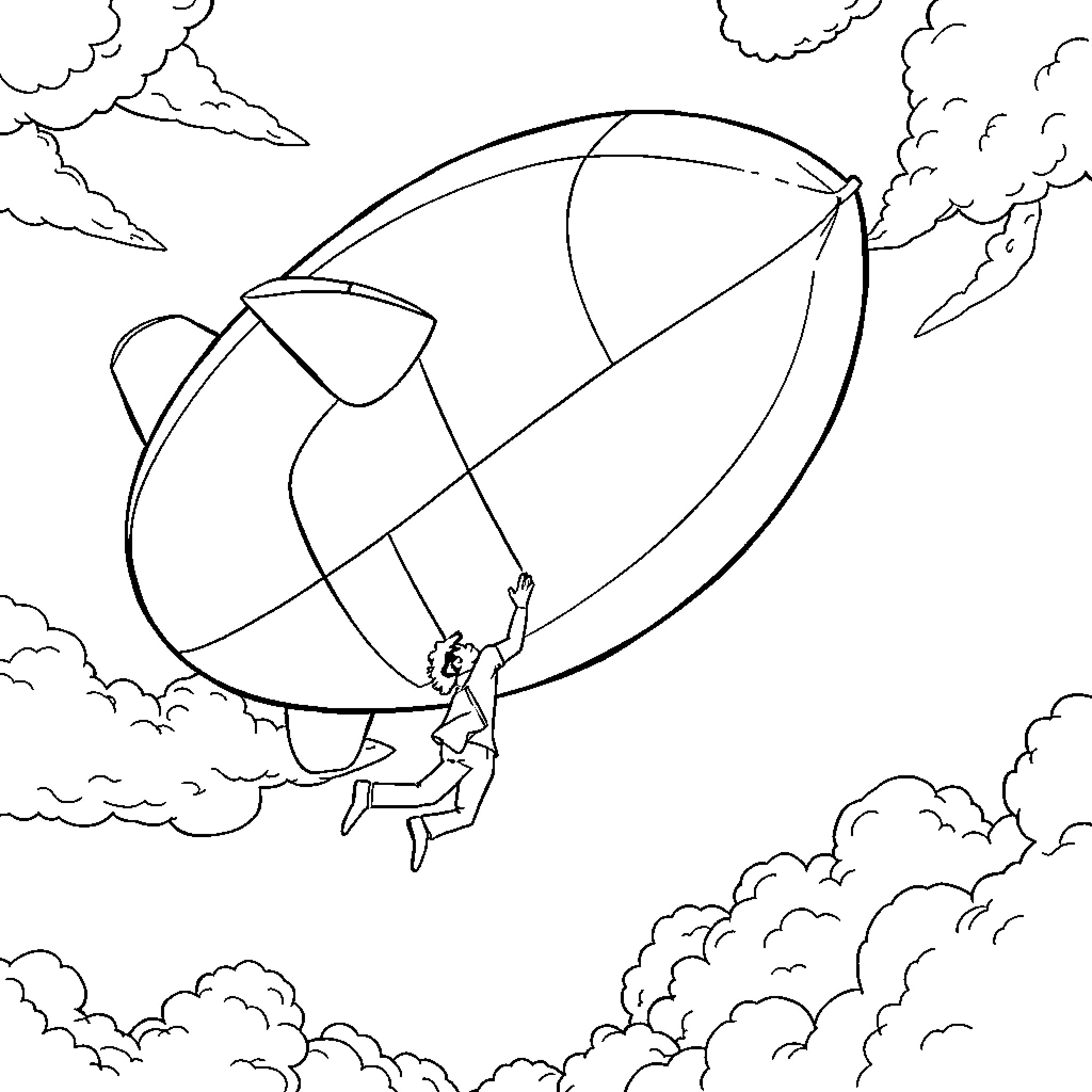 Guy flying hot air balloon in the sky Coloring Page (free black-and-white line drawing printable PDF for all, from beginners to advanced learners, including children, teens, adults, and seniors)