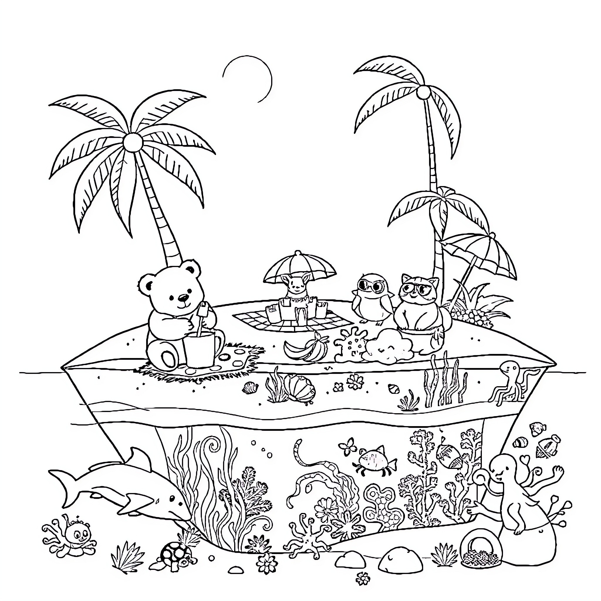 Island Picnic with Toys and Sea Creatures Coloring Page (free black-and-white line drawing printable PDF for all, from beginners to advanced learners, including children, teens, adults, and seniors)