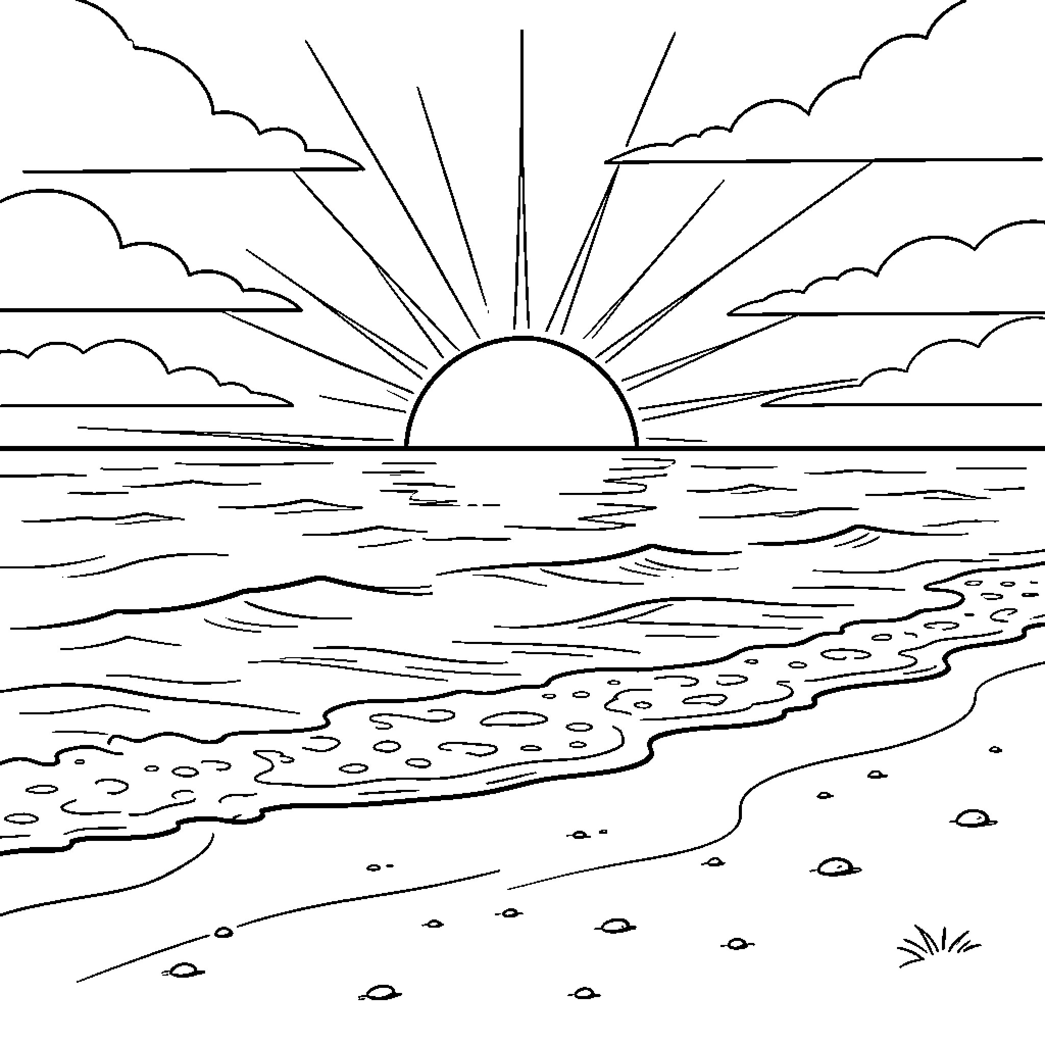 Sunrise over the ocean waves hitting the beach Coloring Page (free black-and-white line drawing printable PDF for all, from beginners to advanced learners, including children, teens, adults, and seniors)
