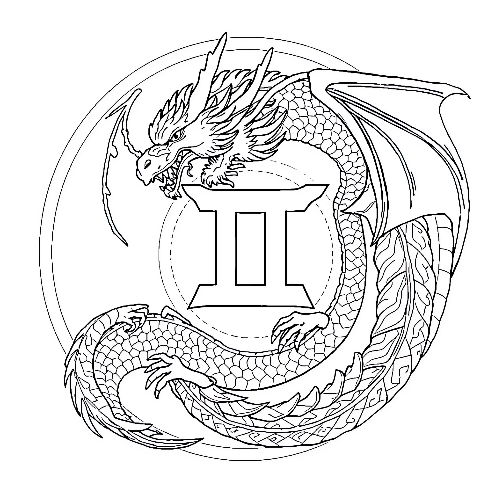 Dragon with Gemini Zodiac Symbol Coloring Page (free black-and-white line drawing printable PDF for all, from beginners to advanced learners, including children, teens, adults, and seniors)