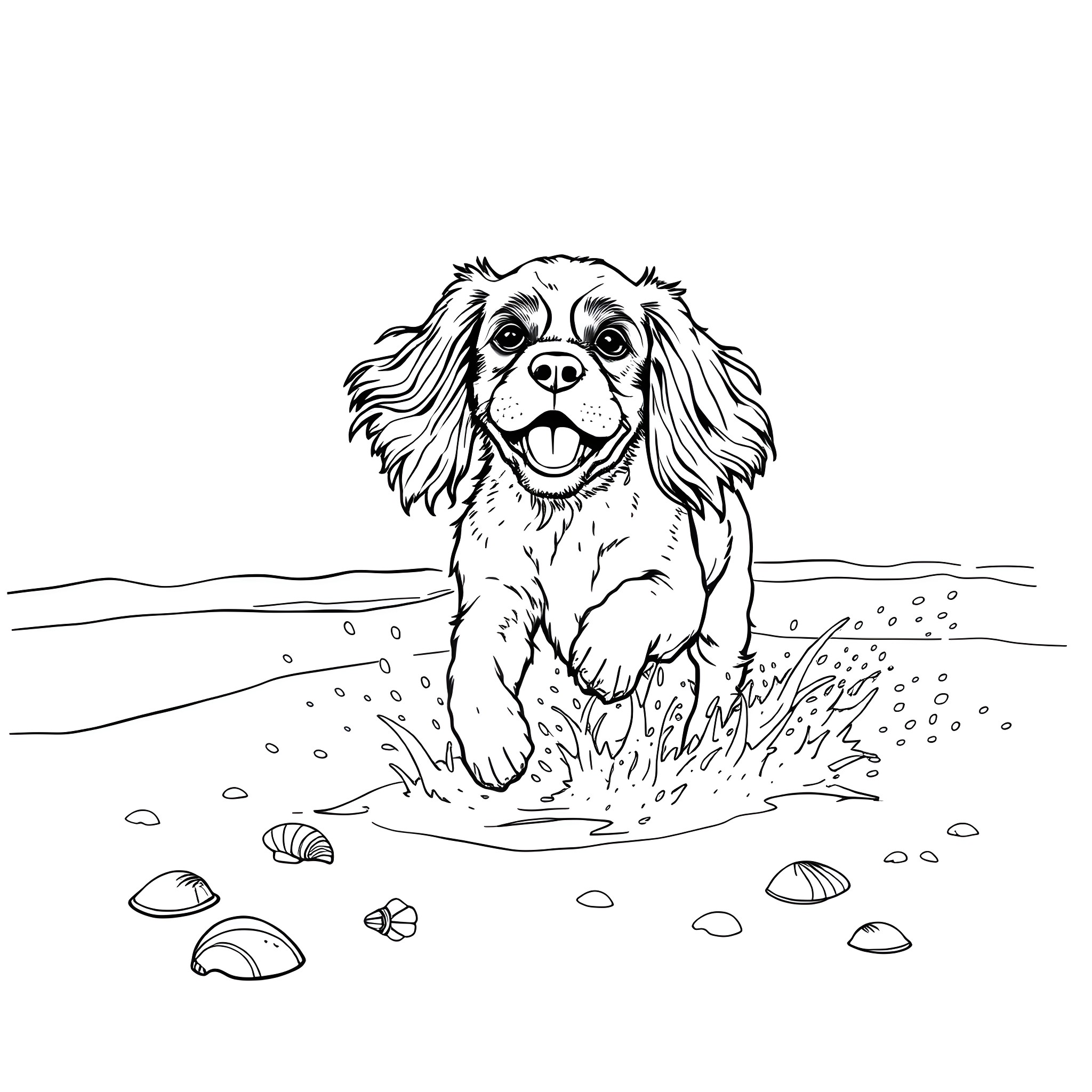 King Charles Cavalier Spaniel playing happily in the water Coloring Page (free black-and-white line drawing printable PDF for all, from beginners to advanced learners, including children, teens, adults, and seniors)
