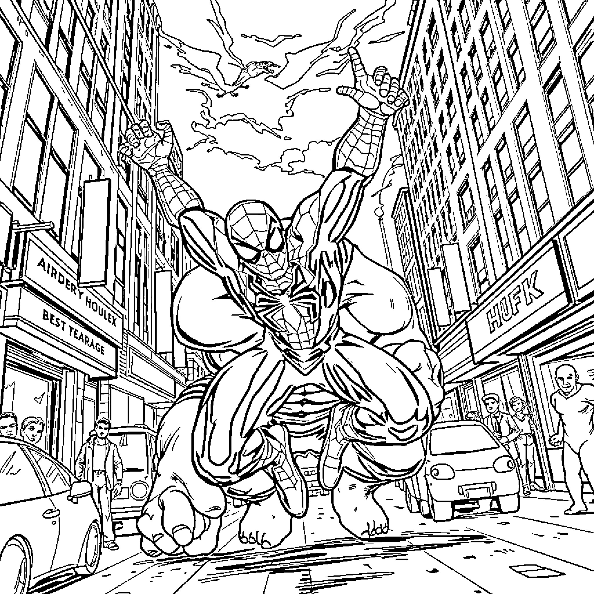 Spiderman swinging through a dynamic city scene Coloring Page (free black-and-white line drawing printable PDF for all, from beginners to advanced learners, including children, teens, adults, and seniors)