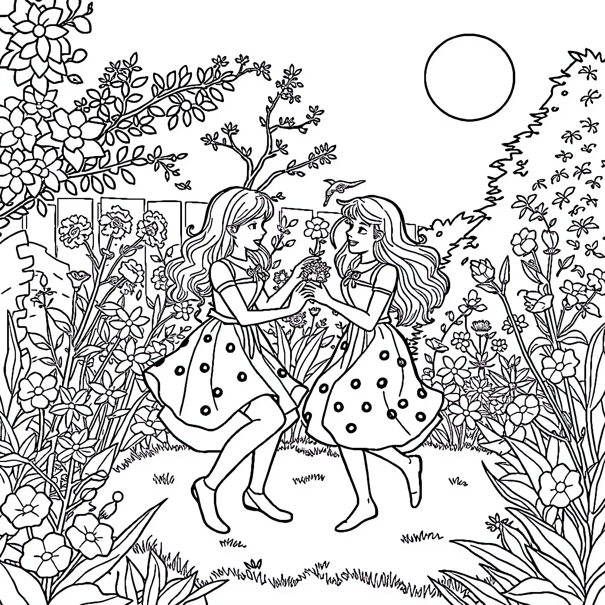Sister's Joyful Garden Dance Coloring Page (free black-and-white line drawing printable PDF for all, from beginners to advanced learners, including children, teens, adults, and seniors)