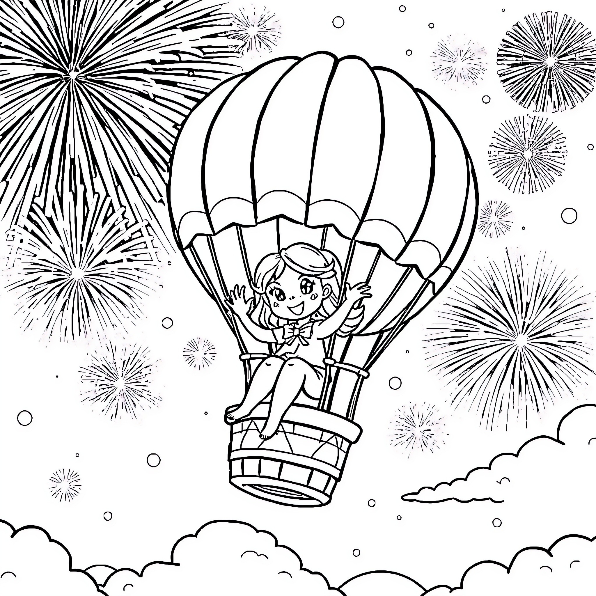 Bluey's Balloon Adventure Amidst Fireworks Coloring Page (free black-and-white line drawing printable PDF for all, from beginners to advanced learners, including children, teens, adults, and seniors)