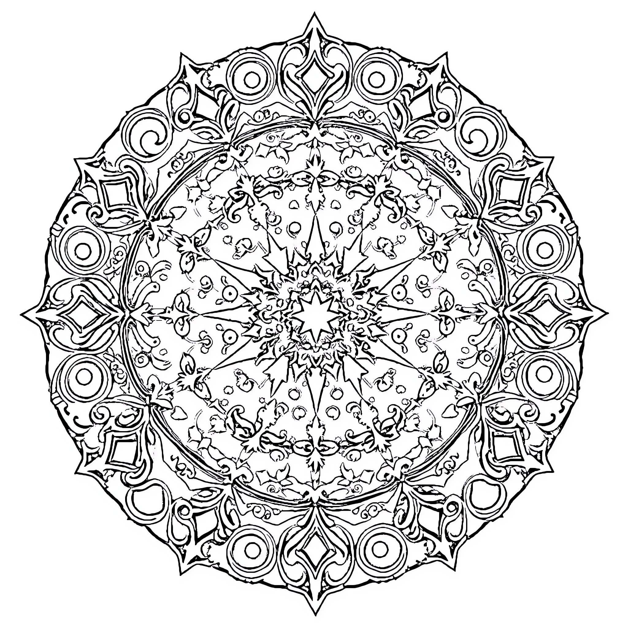 Mandala with intricate floral and geometric patterns Coloring Page (free black-and-white line drawing printable PDF for all, from beginners to advanced learners, including children, teens, adults, and seniors)