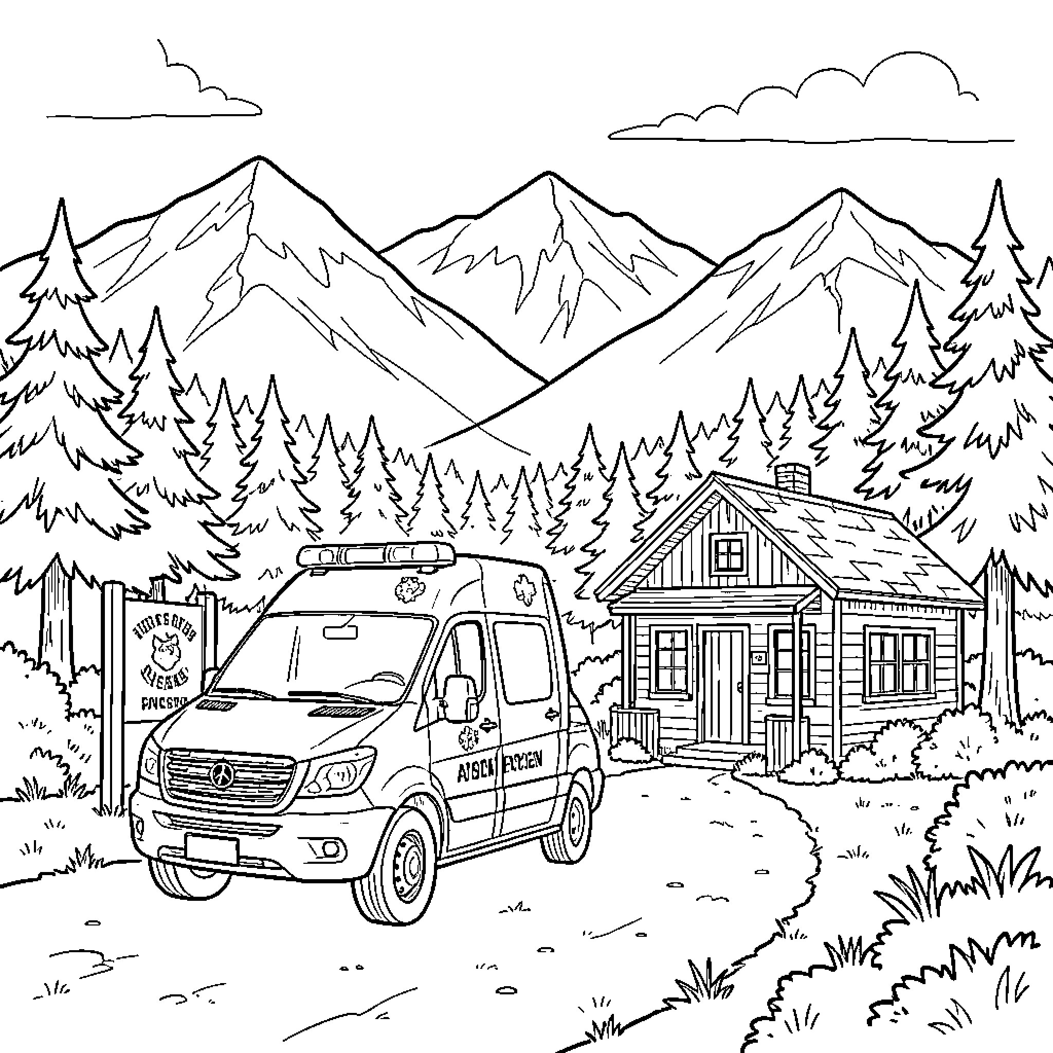 Ambulancia responding to emergency in mountain cabin setting Coloring Page (free black-and-white line drawing printable PDF for all, from beginners to advanced learners, including children, teens, adults, and seniors)