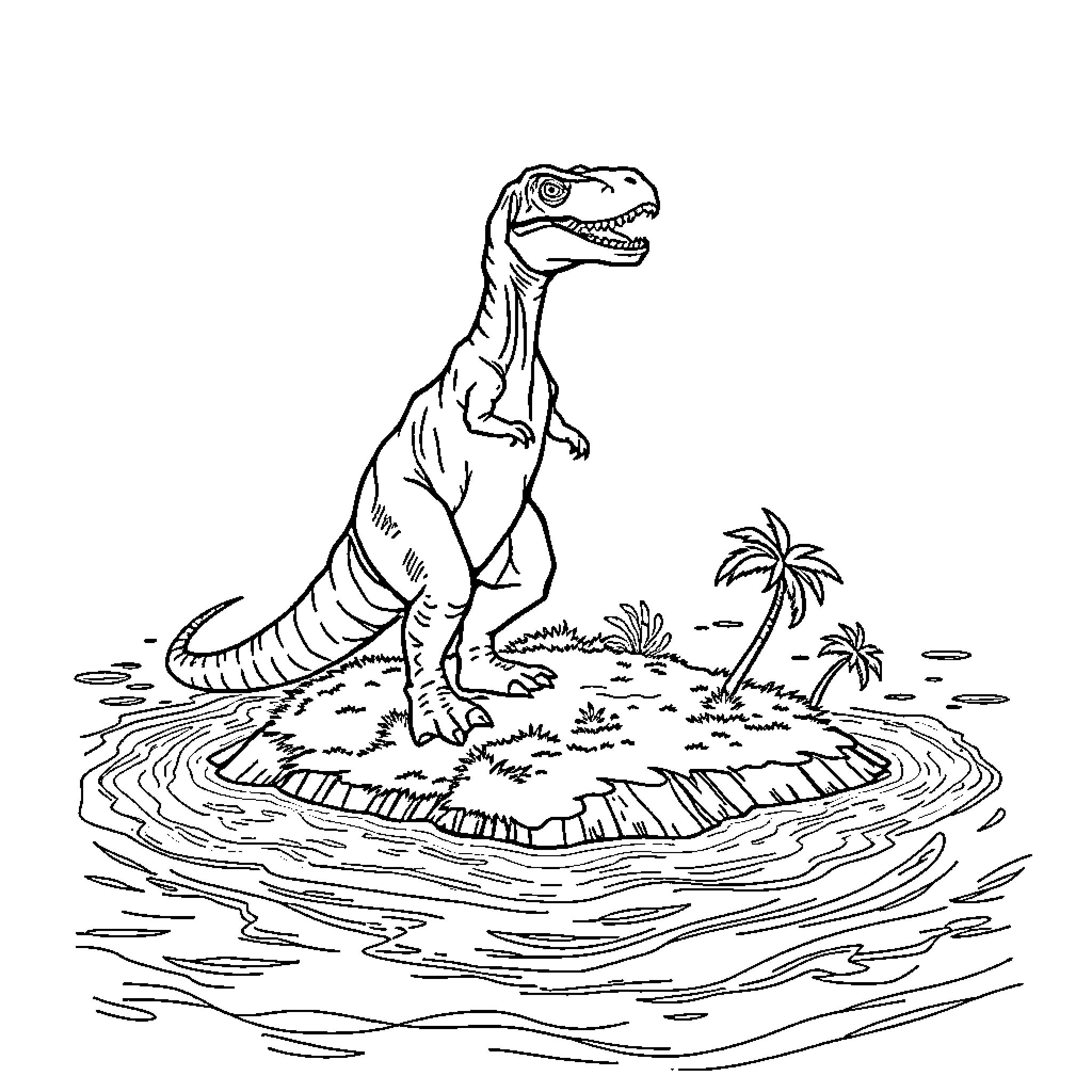 T-Rex Roaming Prehistoric Island Landscape Coloring Page (free black-and-white line drawing printable PDF for all, from beginners to advanced learners, including children, teens, adults, and seniors)