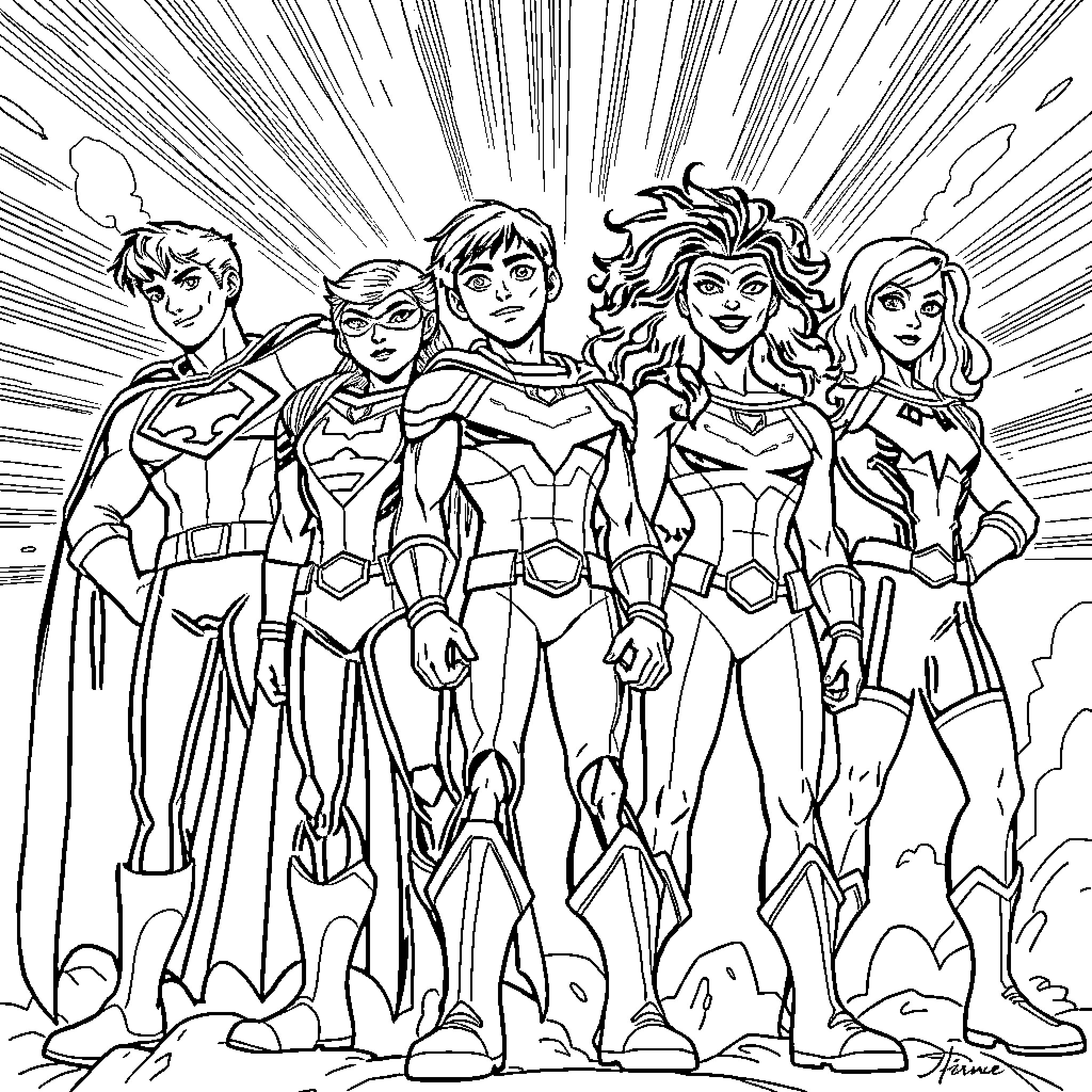 Teen Titans in Heroic Poses and Costumes Coloring Page (free black-and-white line drawing printable PDF for all, from beginners to advanced learners, including children, teens, adults, and seniors)