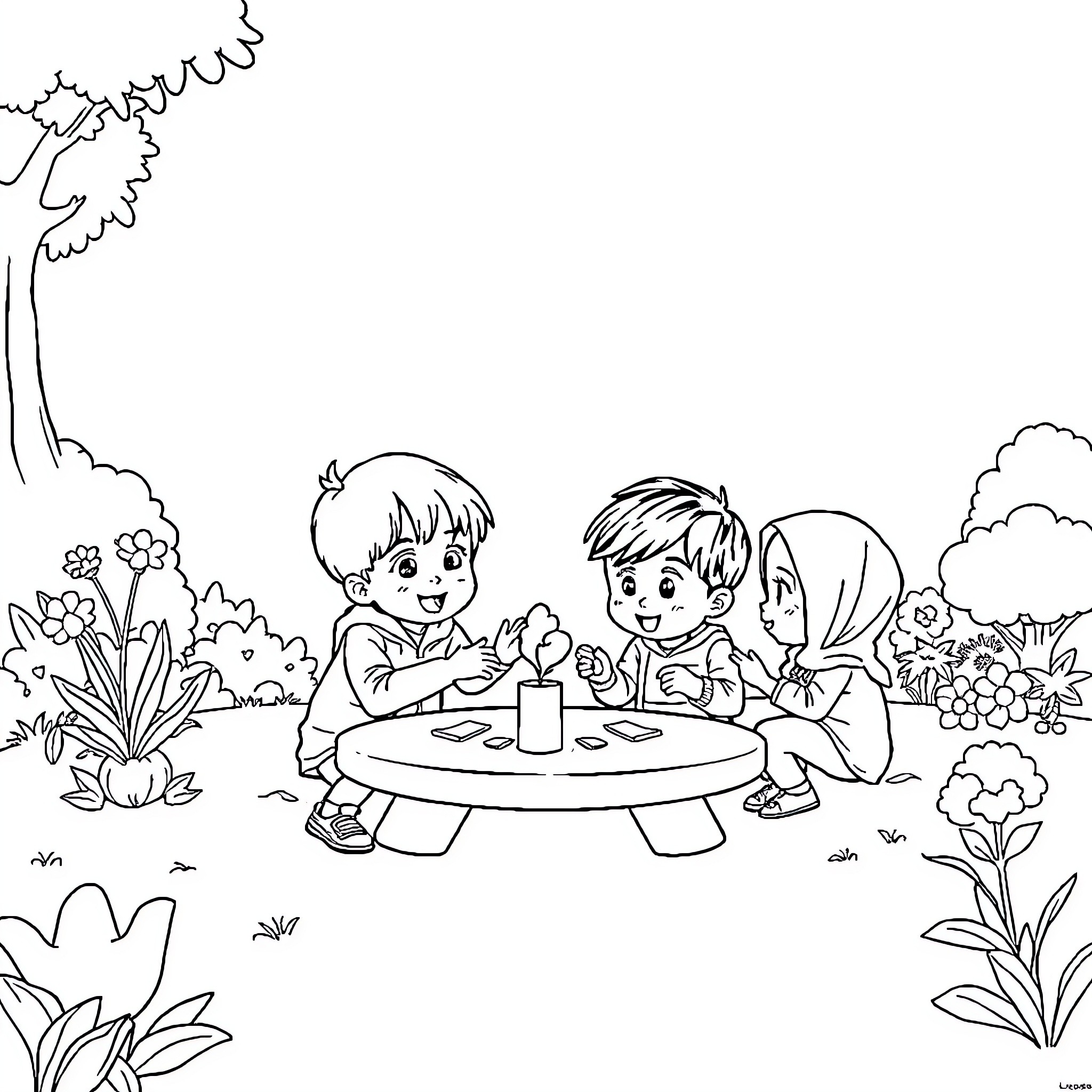 Child Playing at Outdoor Table with Friends Coloring Page (free black-and-white line drawing printable PDF for all, from beginners to advanced learners, including children, teens, adults, and seniors)