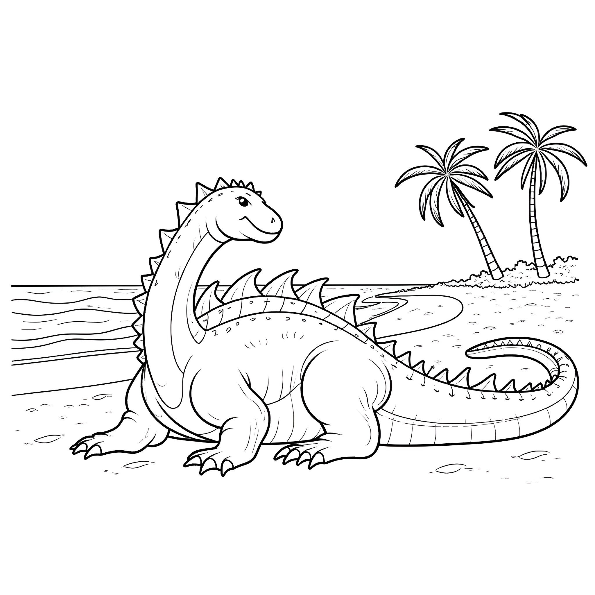 Godzilla-style dinosaur on a tropical beach Coloring Page (free black-and-white line drawing printable PDF for all, from beginners to advanced learners, including children, teens, adults, and seniors)
