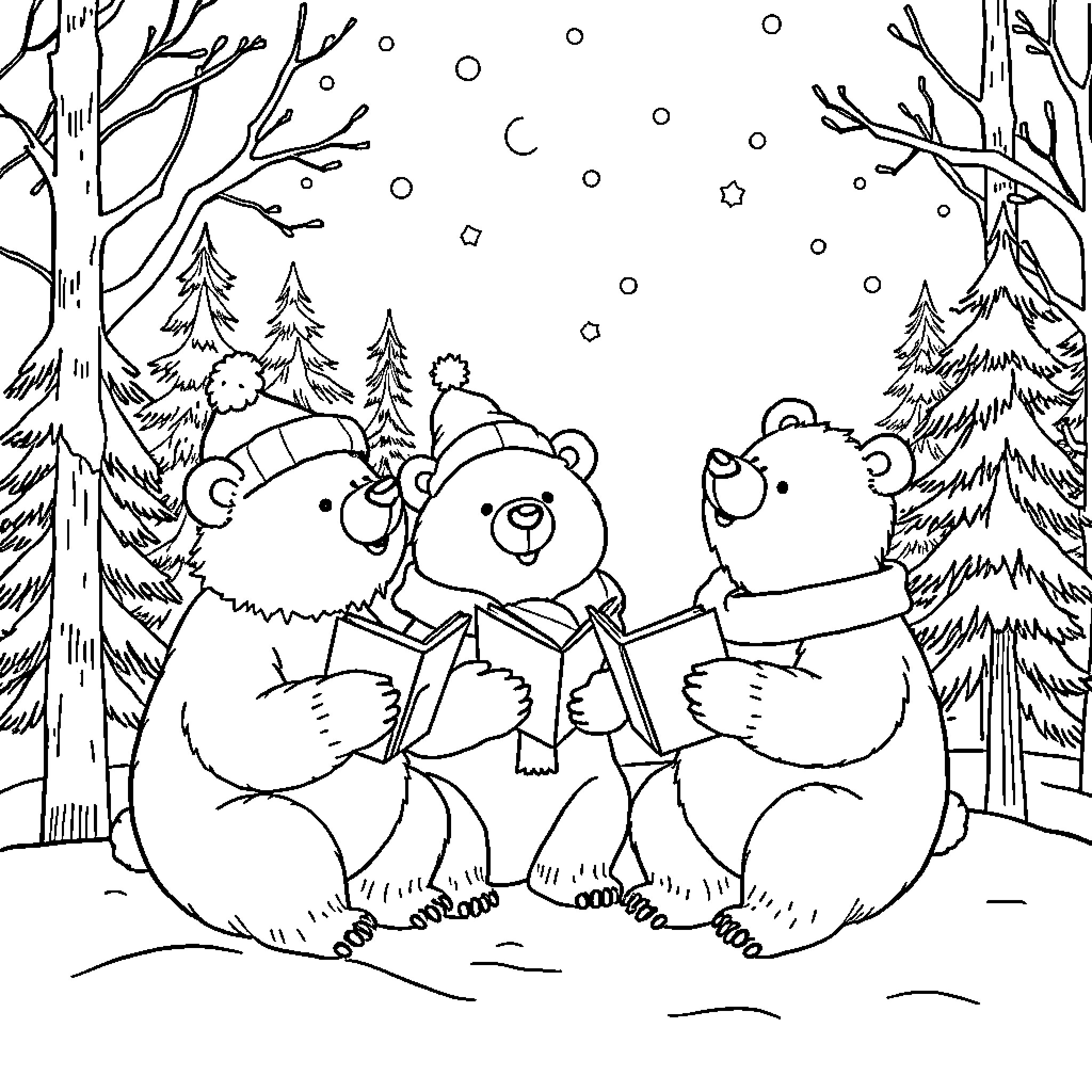 Bear friends enjoying a winter wonderland Coloring Page (free black-and-white line drawing printable PDF for all, from beginners to advanced learners, including children, teens, adults, and seniors)