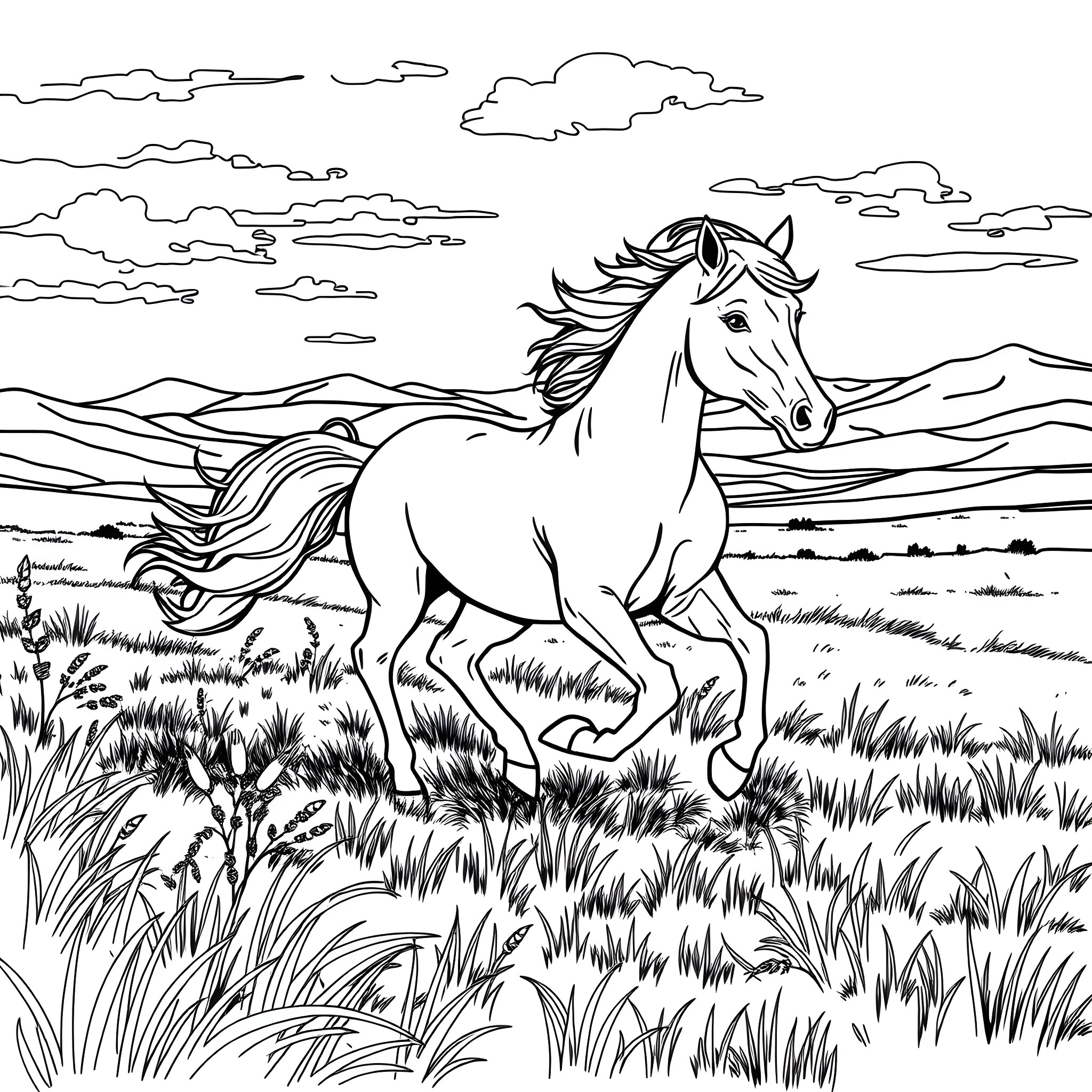 Horse running freely in the countryside Coloring Page (free black-and-white line drawing printable PDF for all, from beginners to advanced learners, including children, teens, adults, and seniors)
