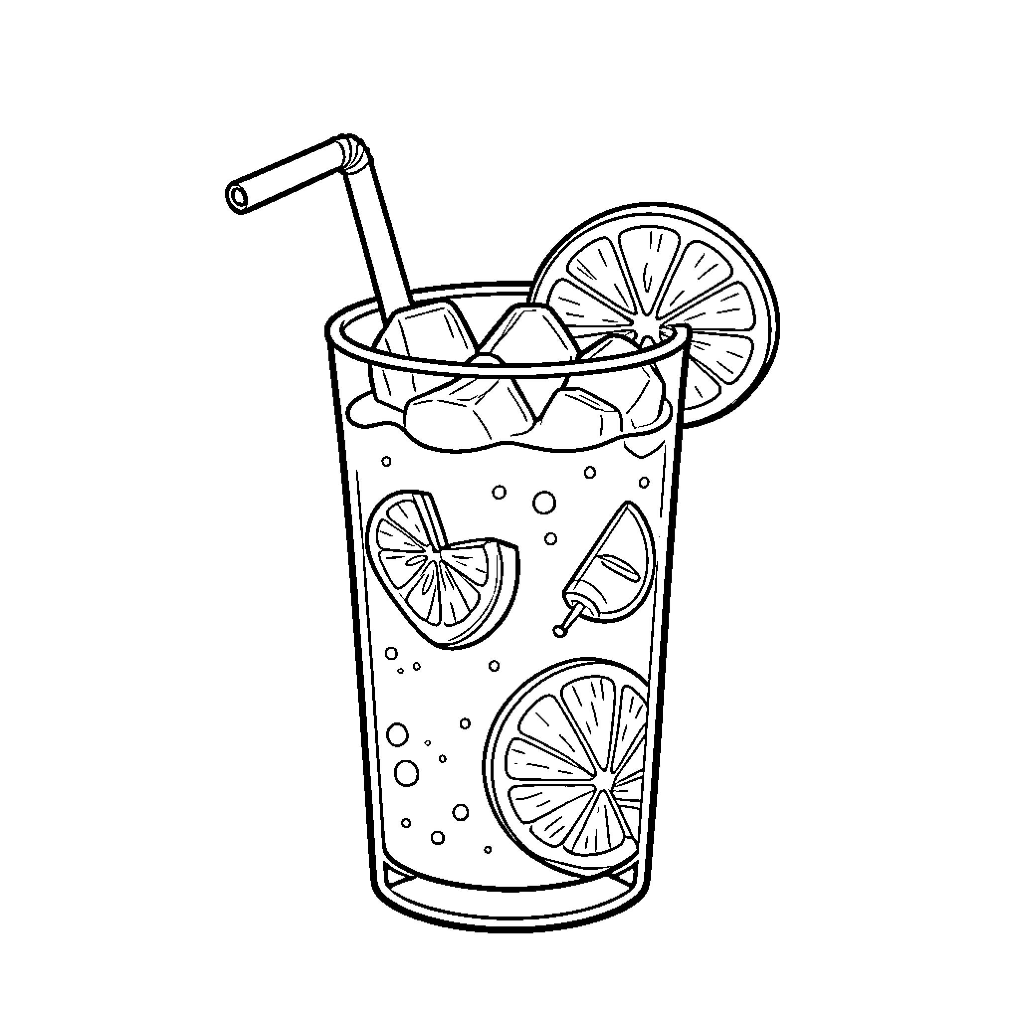 Drink with Citrus Slices and Bubbles Coloring Page (free black-and-white line drawing printable PDF for all, from beginners to advanced learners, including children, teens, adults, and seniors)