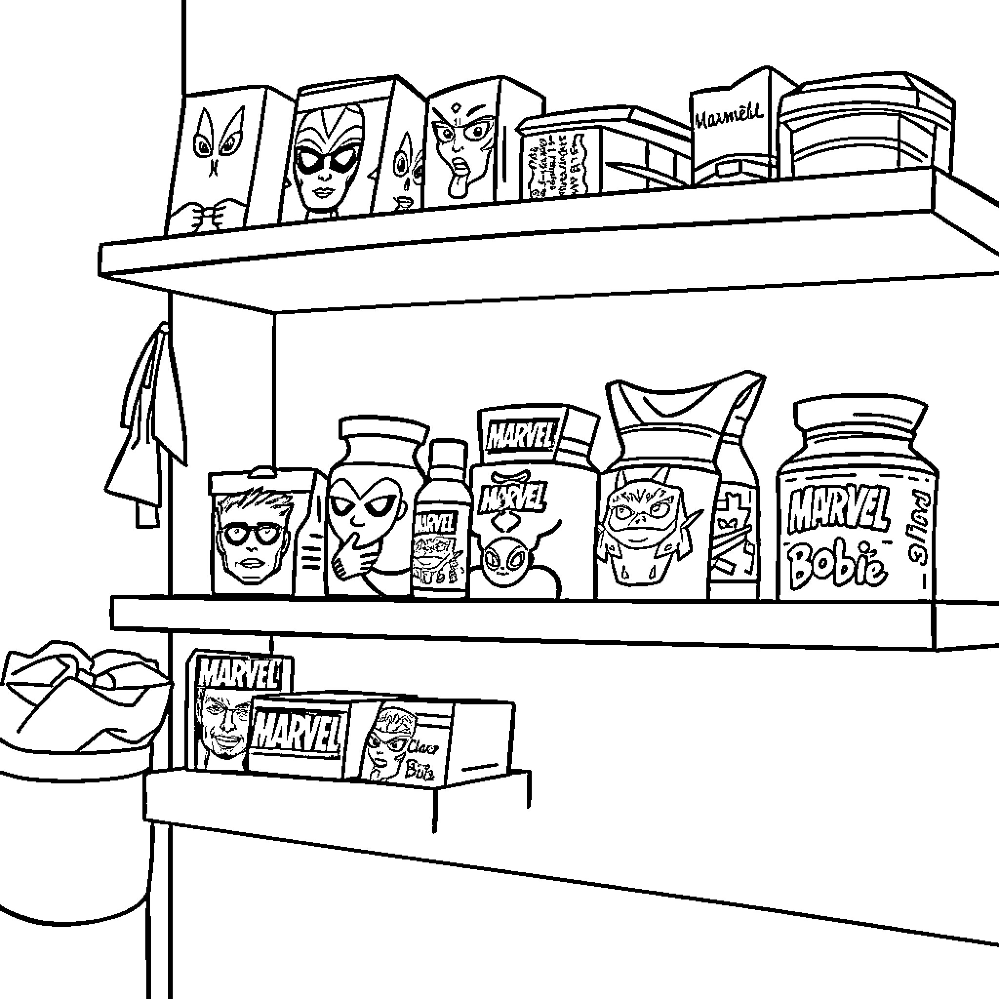 Bobbie's Superhero Merchandise Collection Coloring Page (free black-and-white line drawing printable PDF for all, from beginners to advanced learners, including children, teens, adults, and seniors)