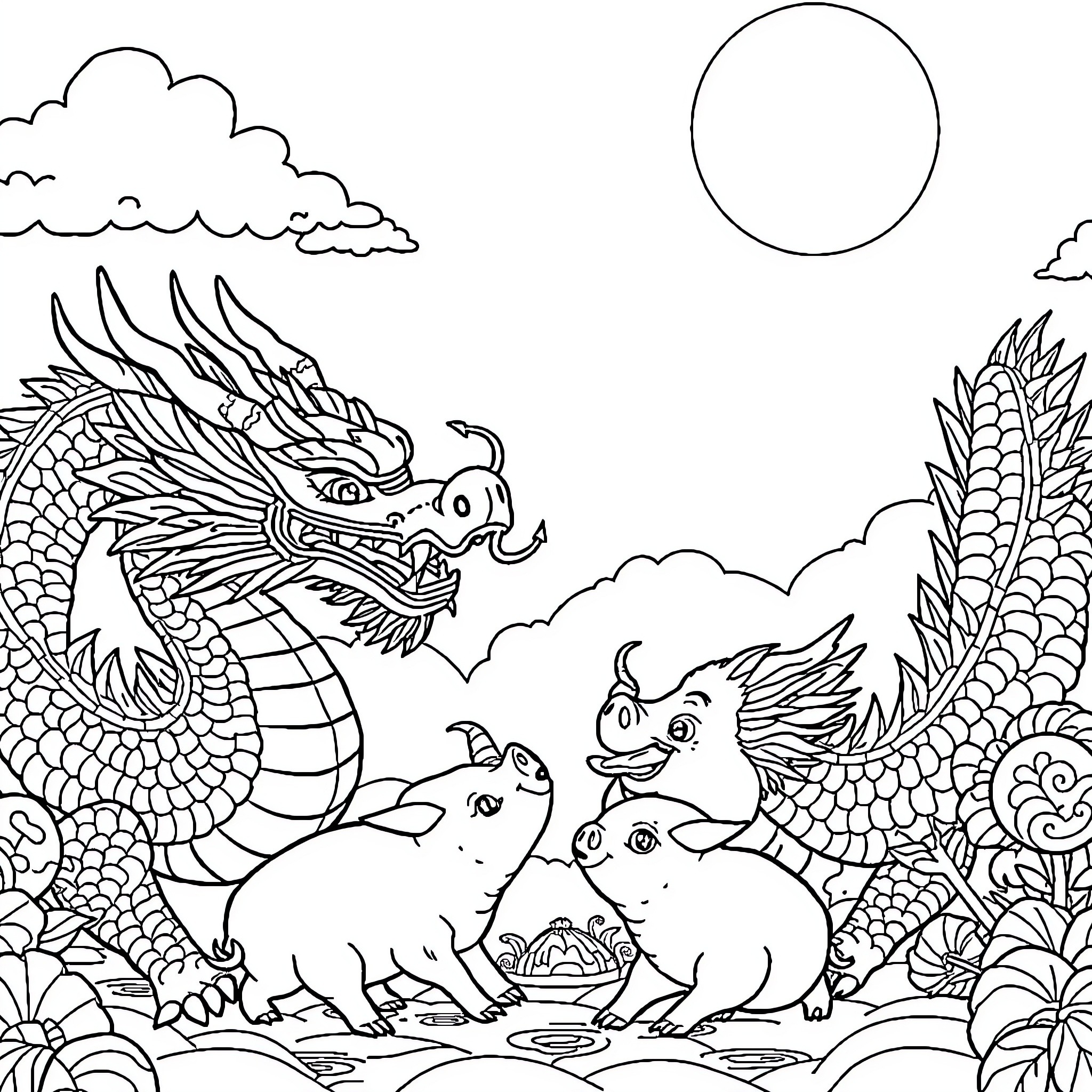 Dragon friends in a magical landscape Coloring Page (free black-and-white line drawing printable PDF for all, from beginners to advanced learners, including children, teens, adults, and seniors)