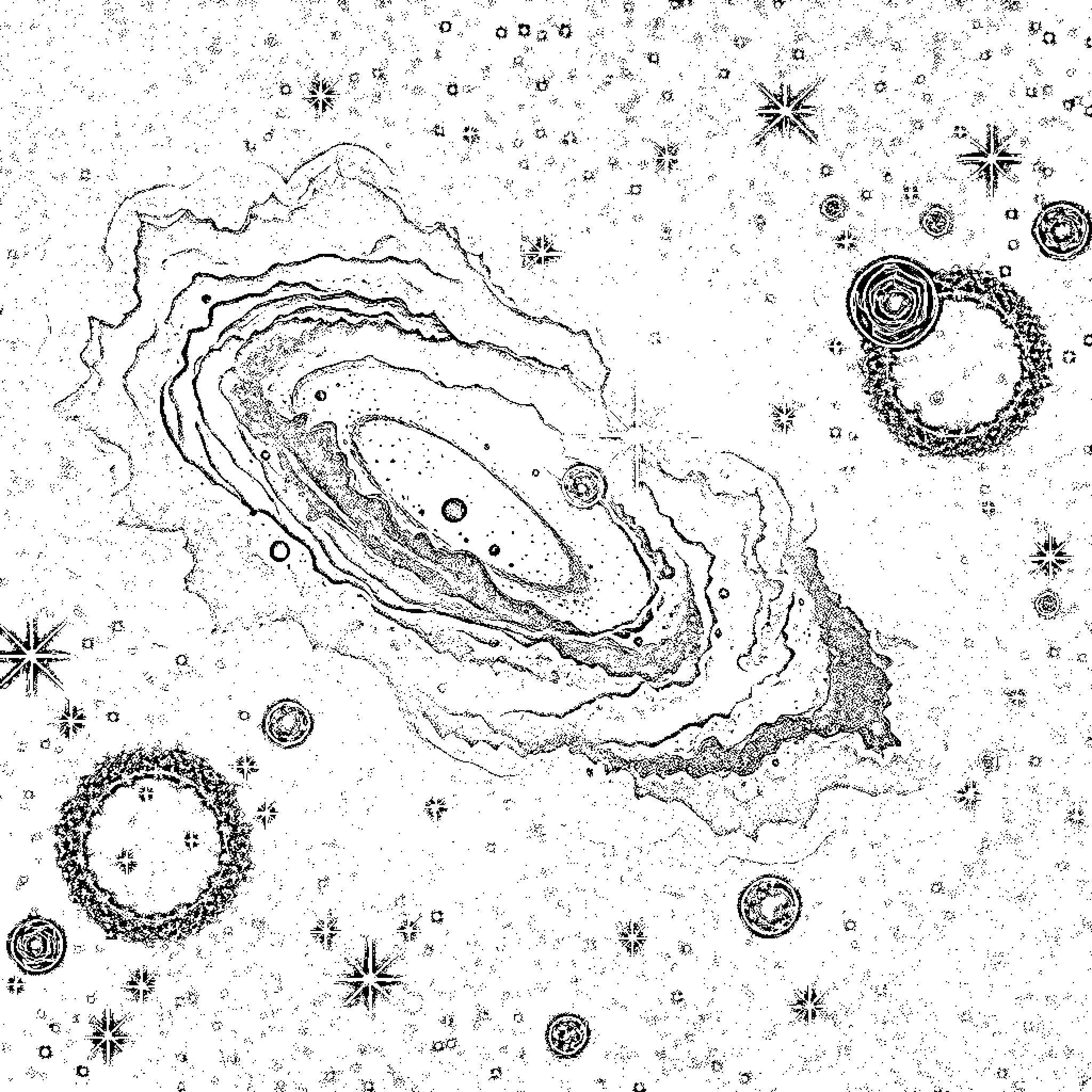 Galaxy of Cosmic Clusters and Celestial Phenomena Coloring Page (free black-and-white line drawing printable PDF for all, from beginners to advanced learners, including children, teens, adults, and seniors)