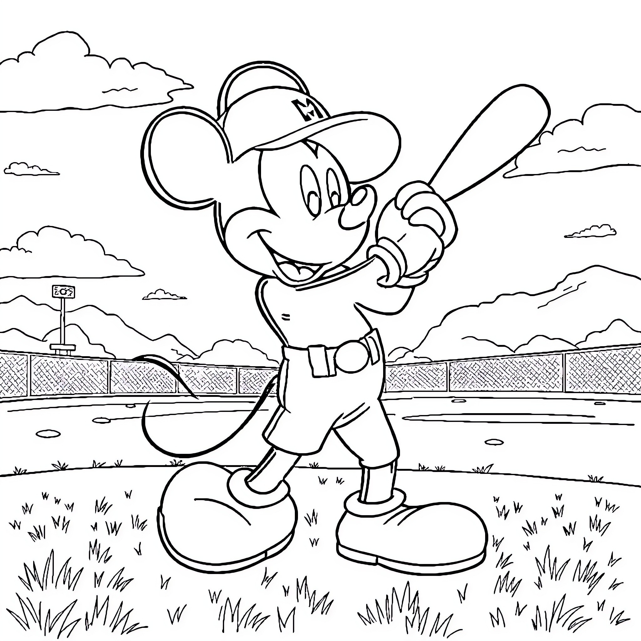 Mickey Mouse playing baseball in the park Coloring Page (free black-and-white line drawing printable PDF for all, from beginners to advanced learners, including children, teens, adults, and seniors)