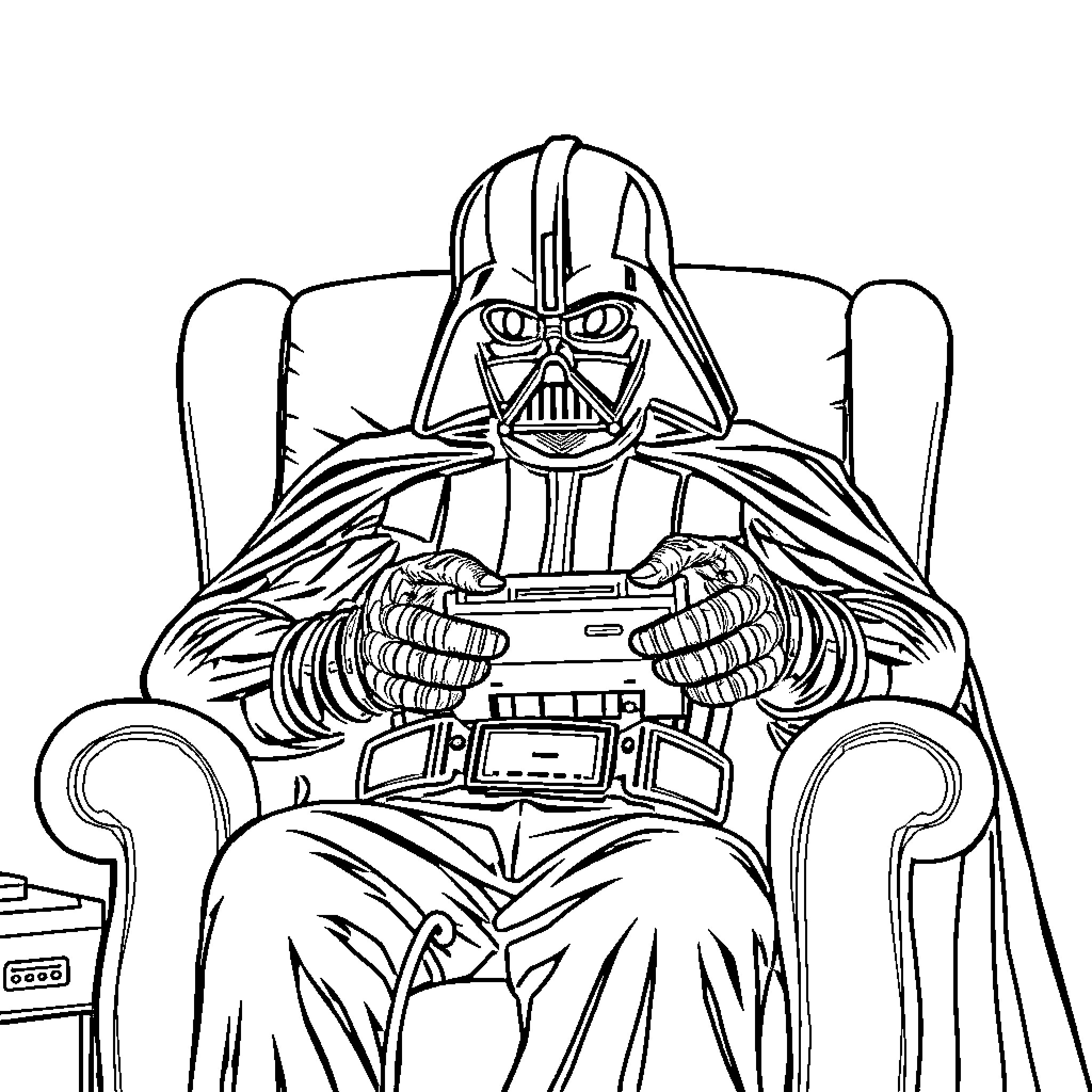 Darth Vader sitting on a chair in thought Coloring Page (free black-and-white line drawing printable PDF for all, from beginners to advanced learners, including children, teens, adults, and seniors)