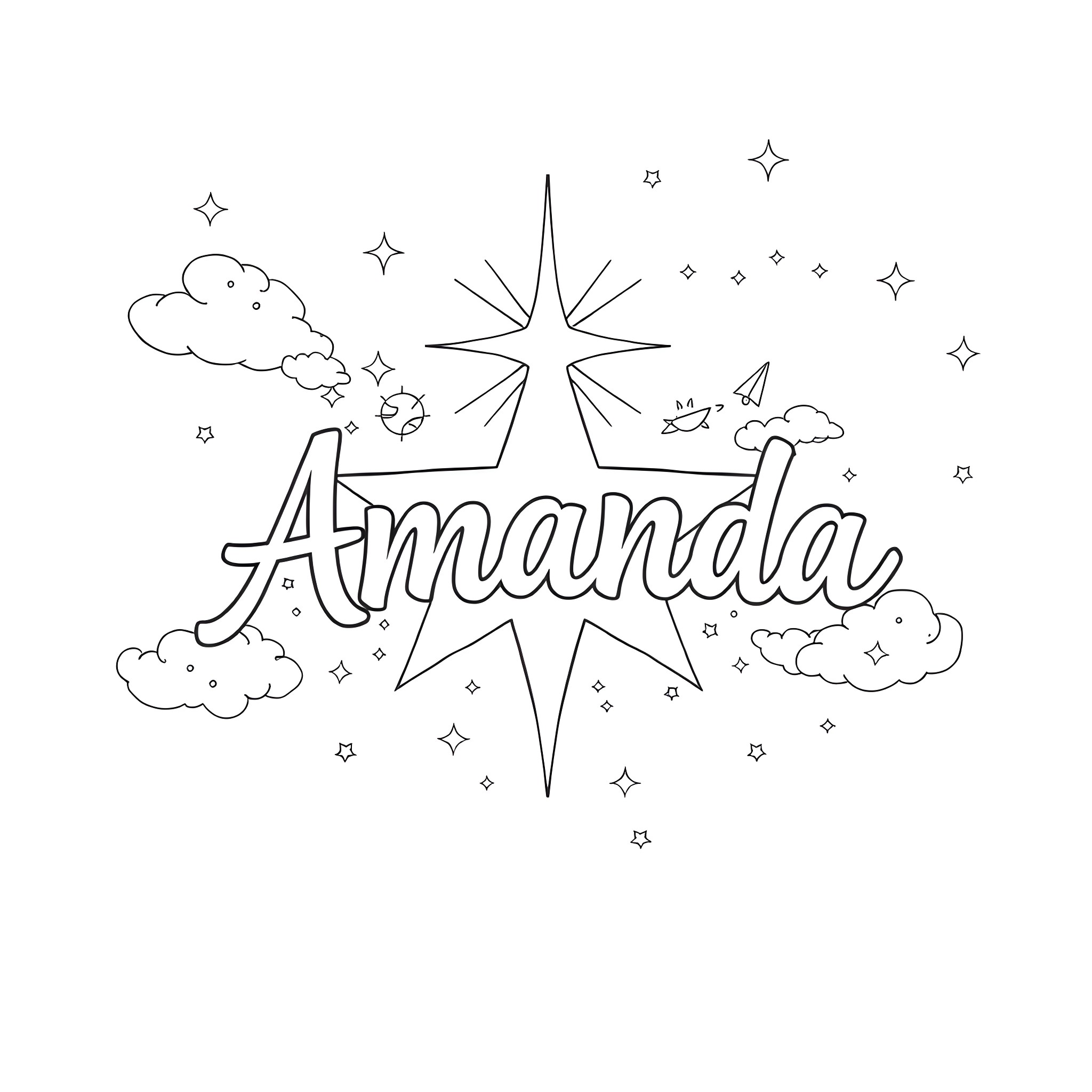 Amanda's Magical Starry Sky Coloring Page (free black-and-white line drawing printable PDF for all, from beginners to advanced learners, including children, teens, adults, and seniors)