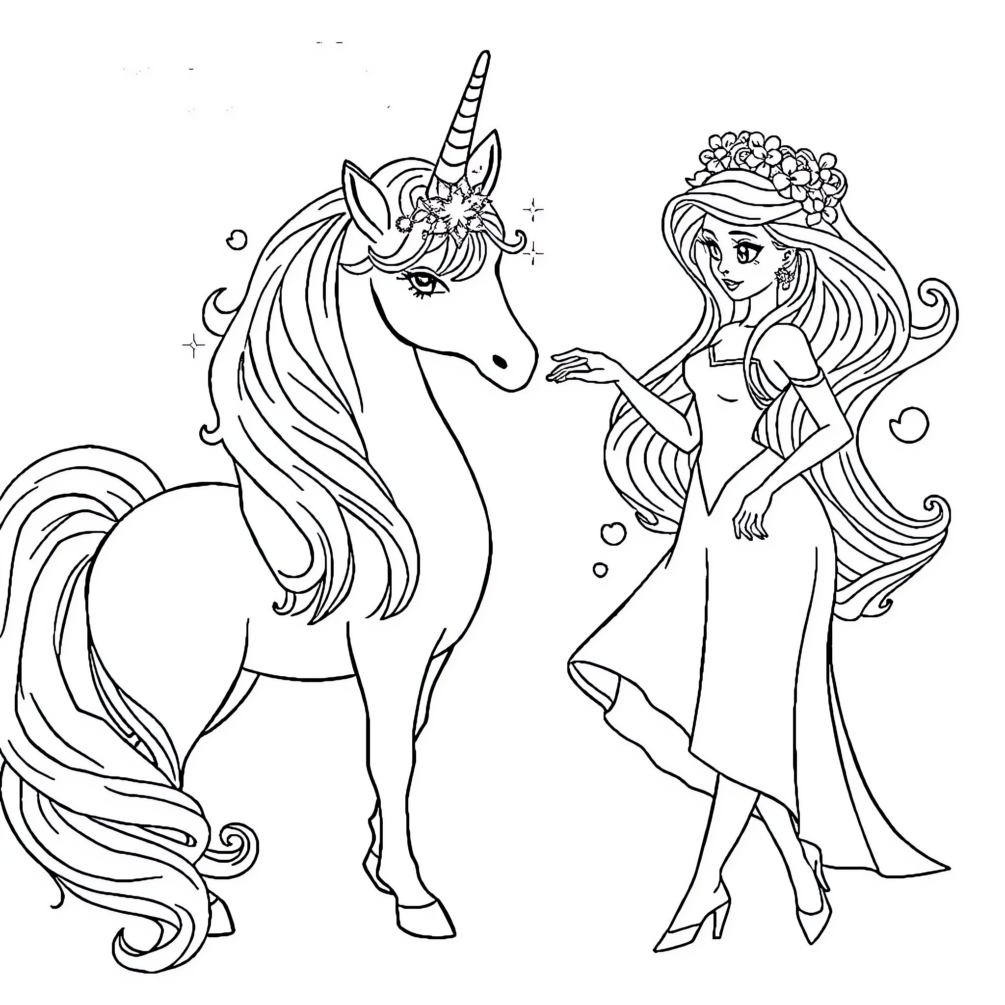 Unicorn and Elegant Princess in Enchanting Encounter Coloring Page (free black-and-white line drawing printable PDF for all, from beginners to advanced learners, including children, teens, adults, and seniors)