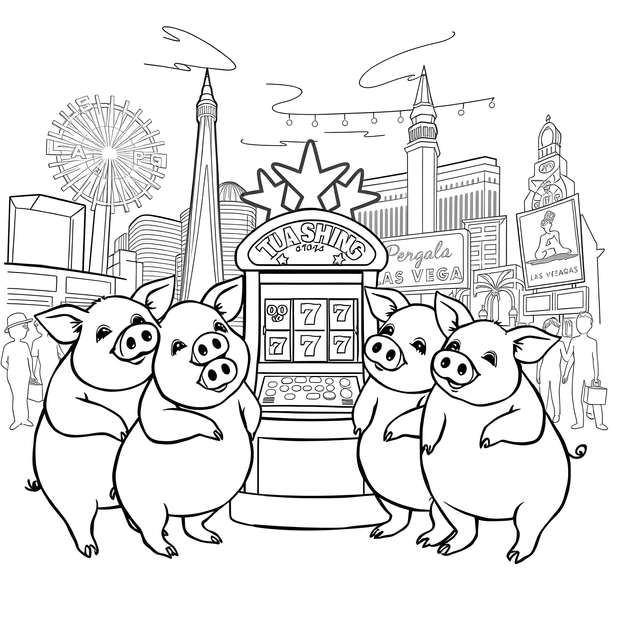 Pigs playing in a Las Vegas-themed casino Coloring Page (free black-and-white line drawing printable PDF for all, from beginners to advanced learners, including children, teens, adults, and seniors)