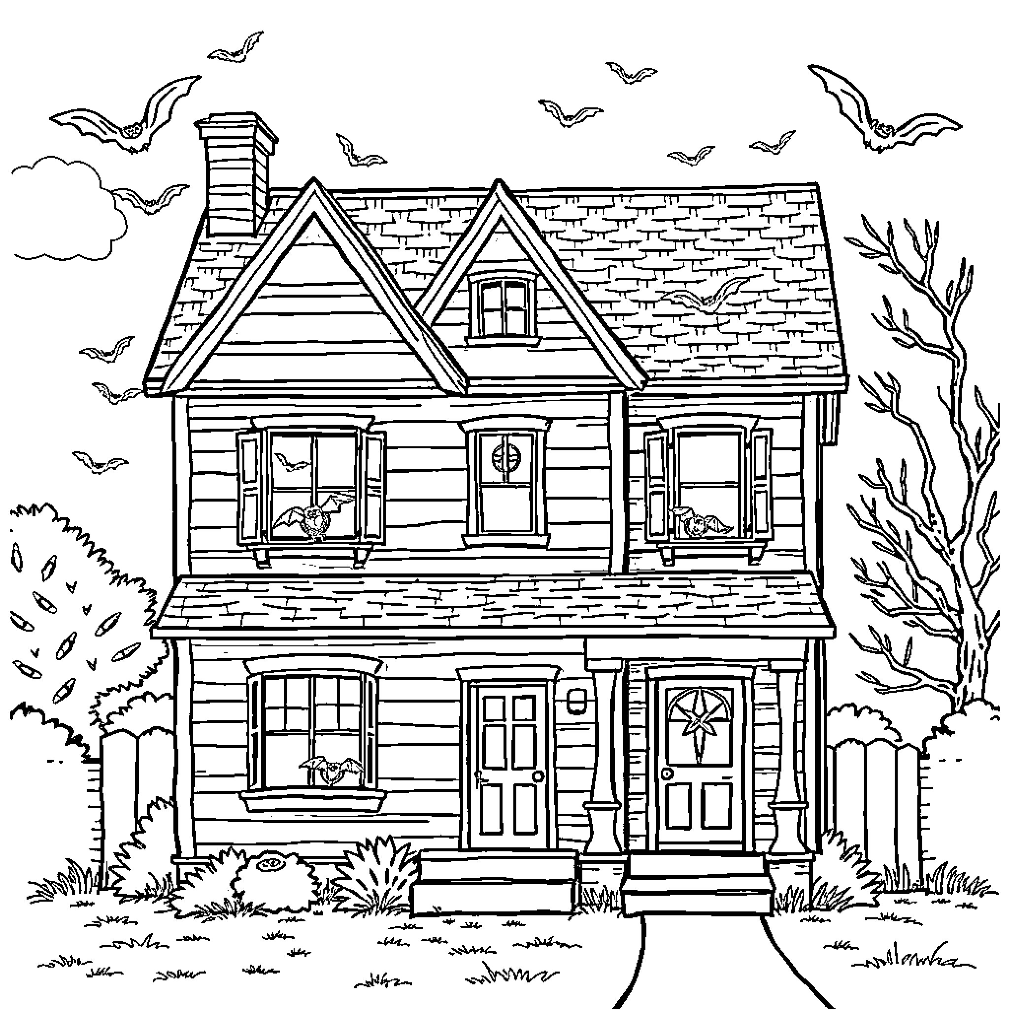 House with Halloween decorations and bats Coloring Page (free black-and-white line drawing printable PDF for all, from beginners to advanced learners, including children, teens, adults, and seniors)