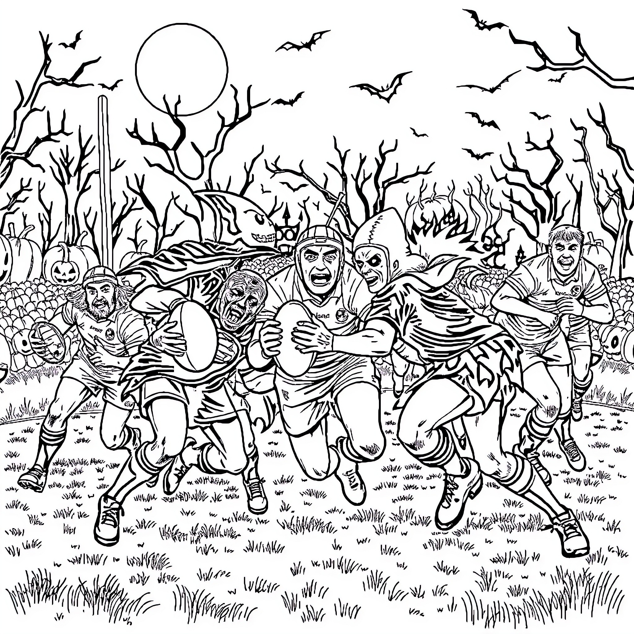 Rugby players battling under the spooky moonlight Coloring Page (free black-and-white line drawing printable PDF for all, from beginners to advanced learners, including children, teens, adults, and seniors)