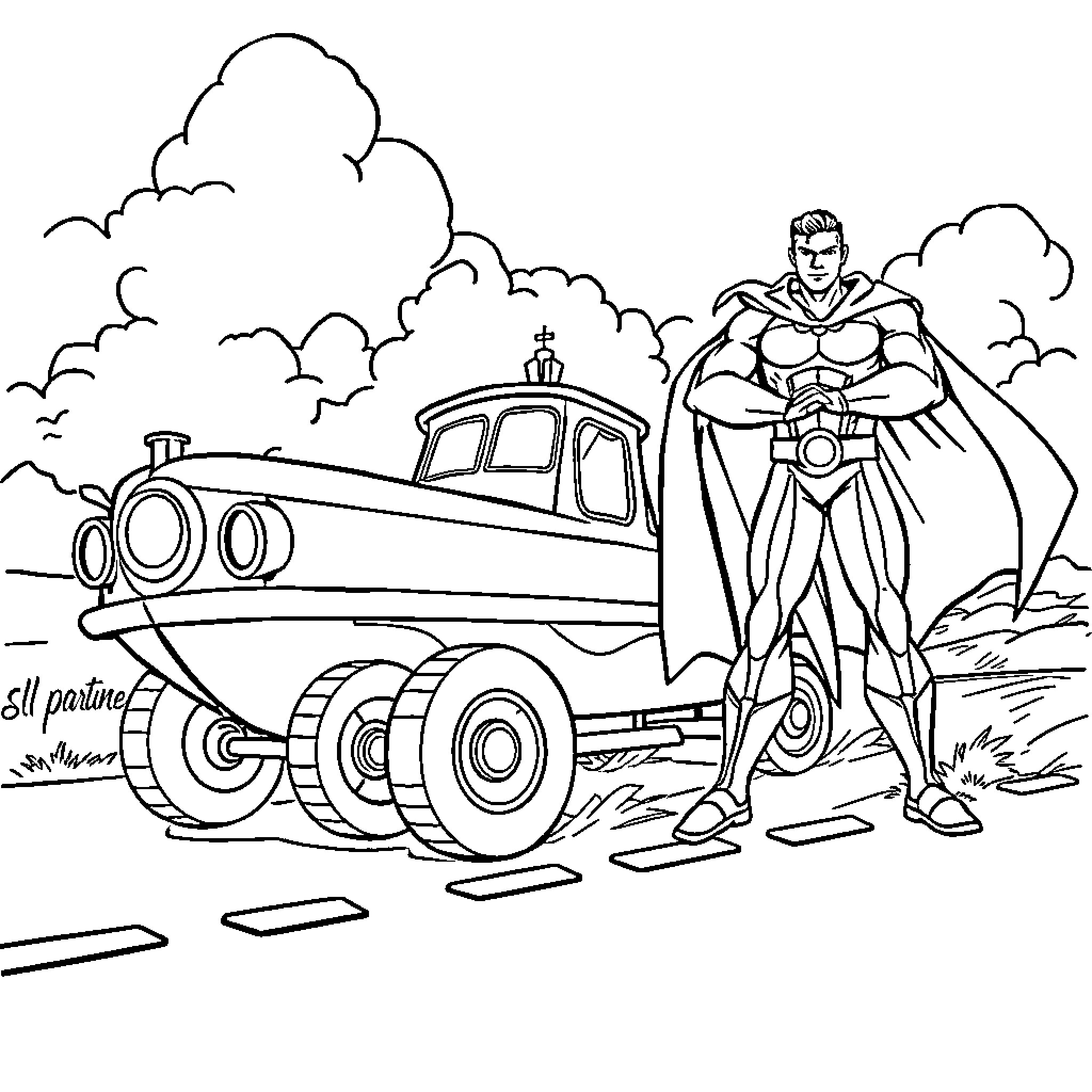 Boat with superhero in action Coloring Page (free black-and-white line drawing printable PDF for all, from beginners to advanced learners, including children, teens, adults, and seniors)