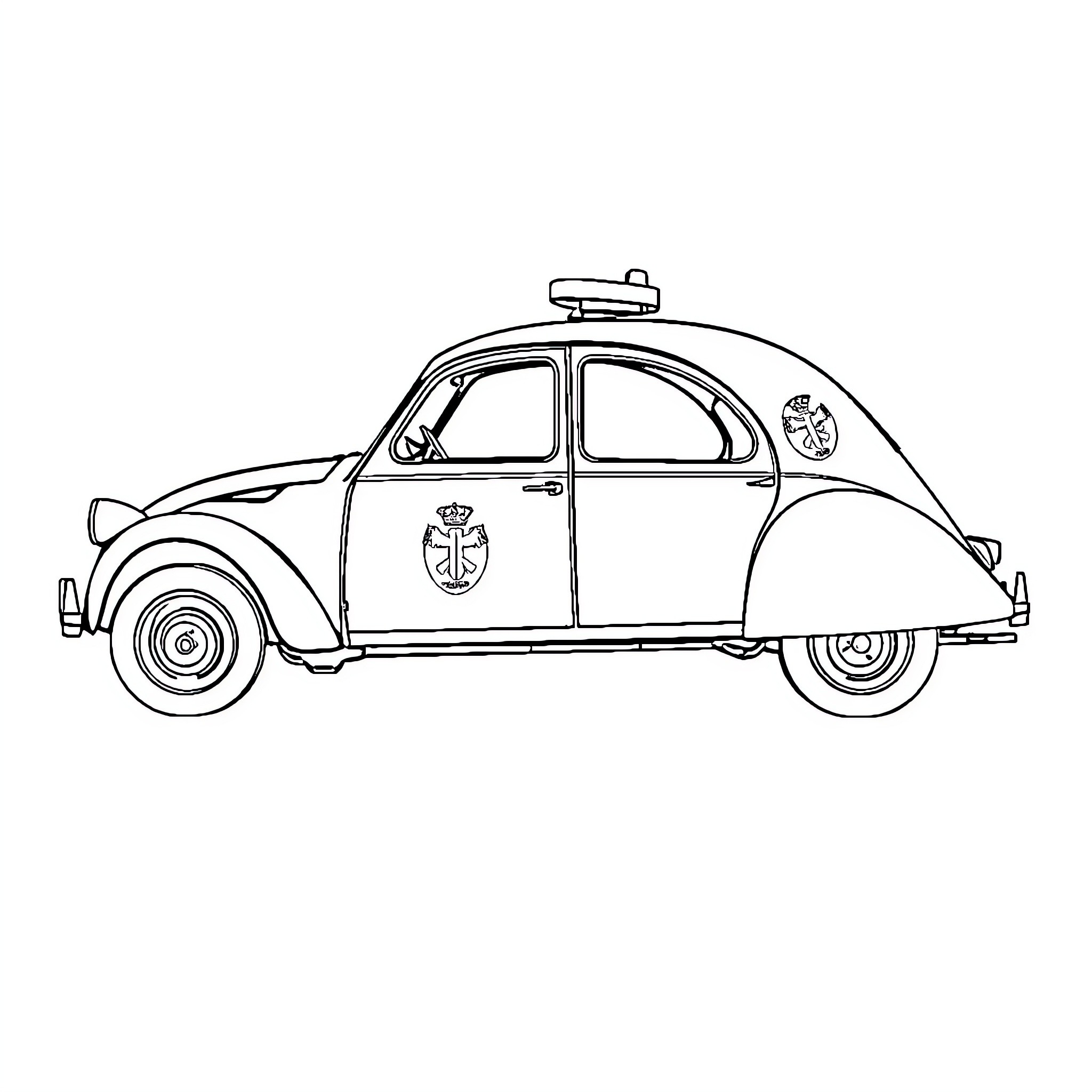 2cv police car in outline form Coloring Page (free black-and-white line drawing printable PDF for all, from beginners to advanced learners, including children, teens, adults, and seniors)