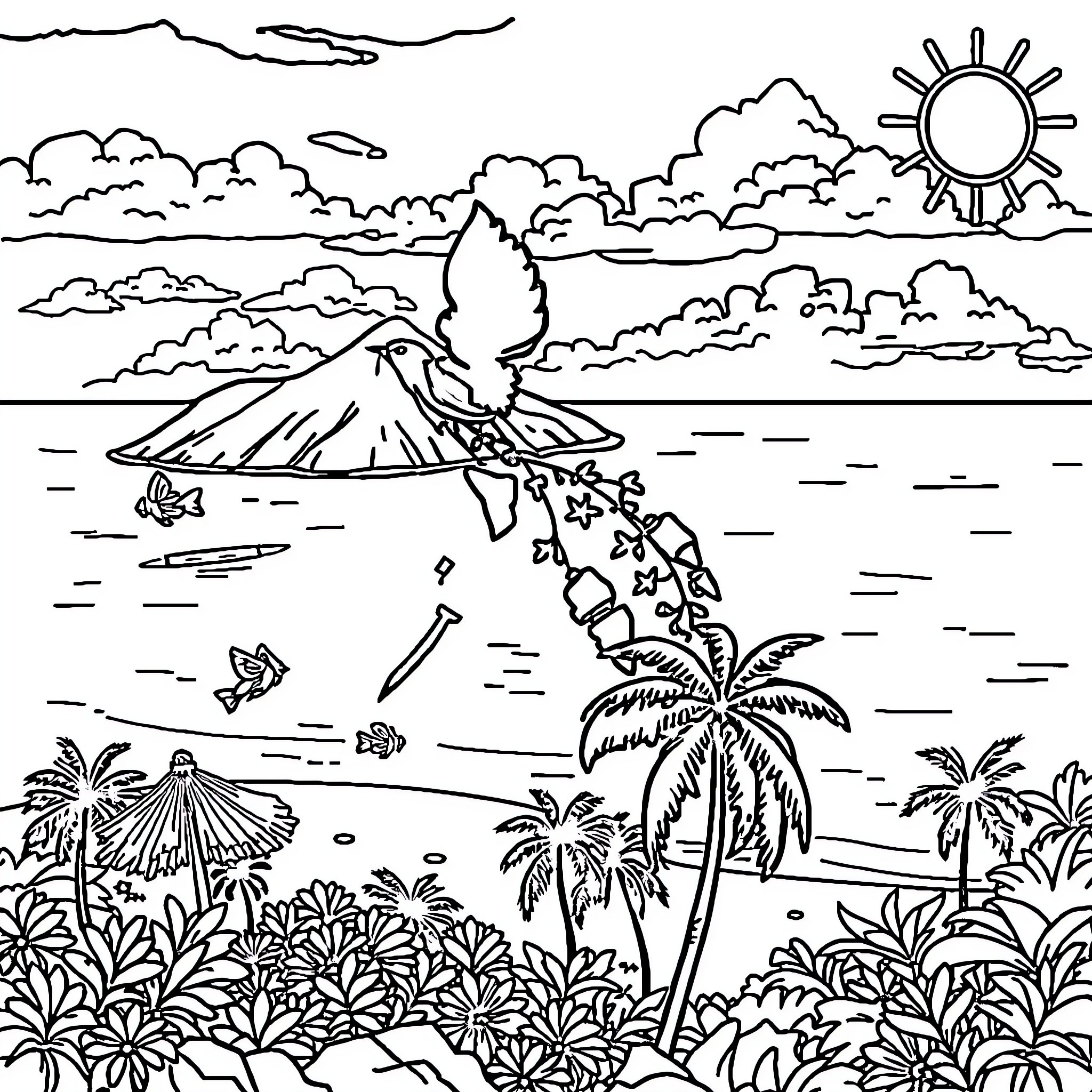 Philippines Picturesque Tropical Seascape with Volcano Coloring Page (free black-and-white line drawing printable PDF for all, from beginners to advanced learners, including children, teens, adults, and seniors)