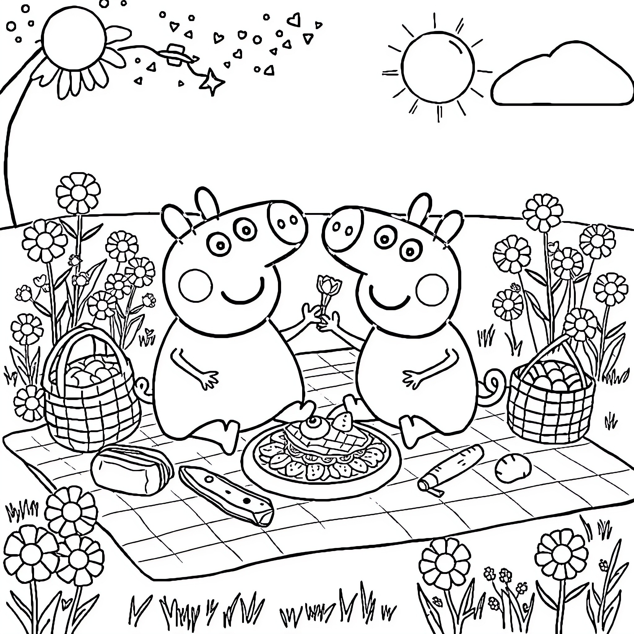 Peppa and George's Sunny Picnic Adventure Coloring Page (free black-and-white line drawing printable PDF for all, from beginners to advanced learners, including children, teens, adults, and seniors)