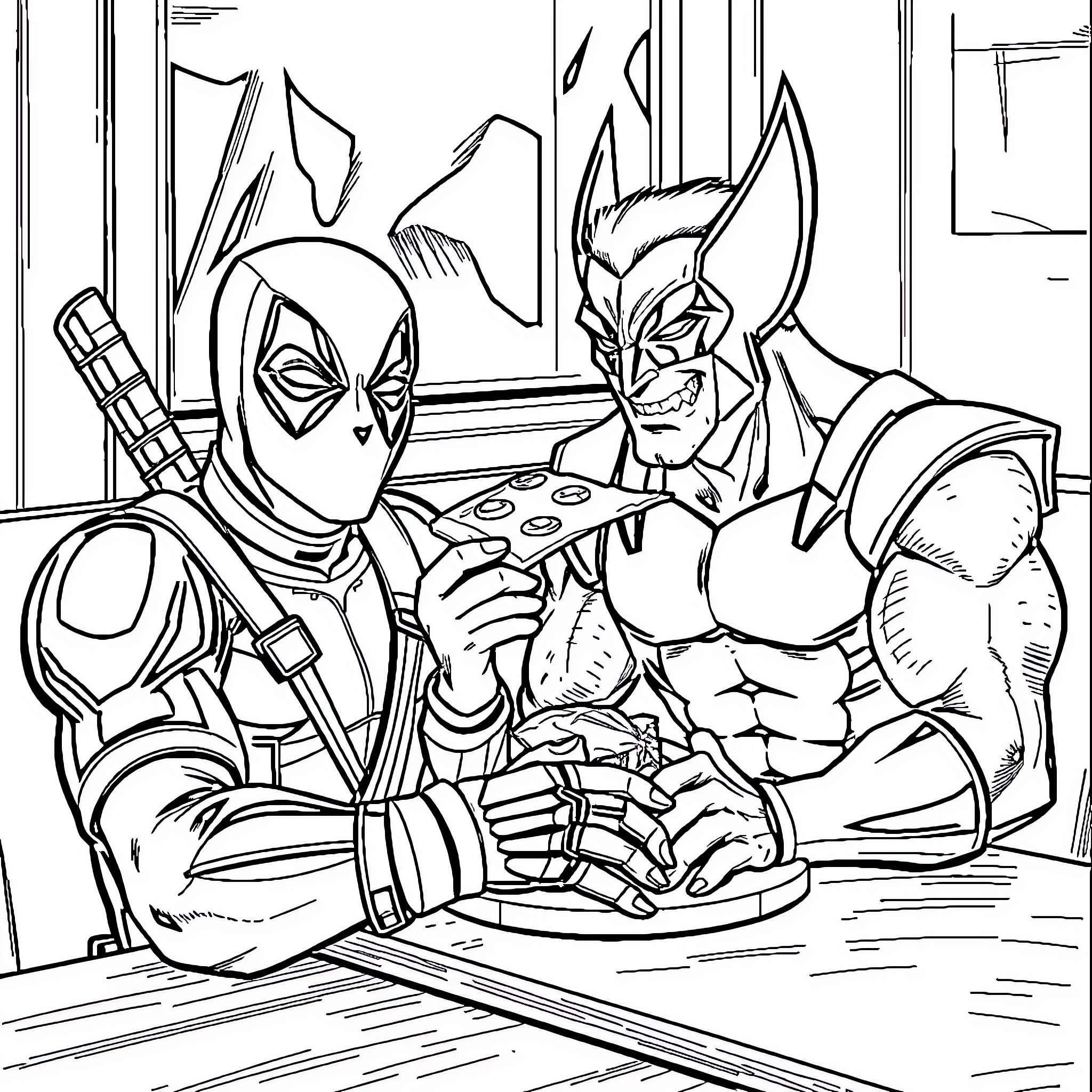 Deadpool and Wolverine Bonding Over a Game Coloring Page (free black-and-white line drawing printable PDF for all, from beginners to advanced learners, including children, teens, adults, and seniors)