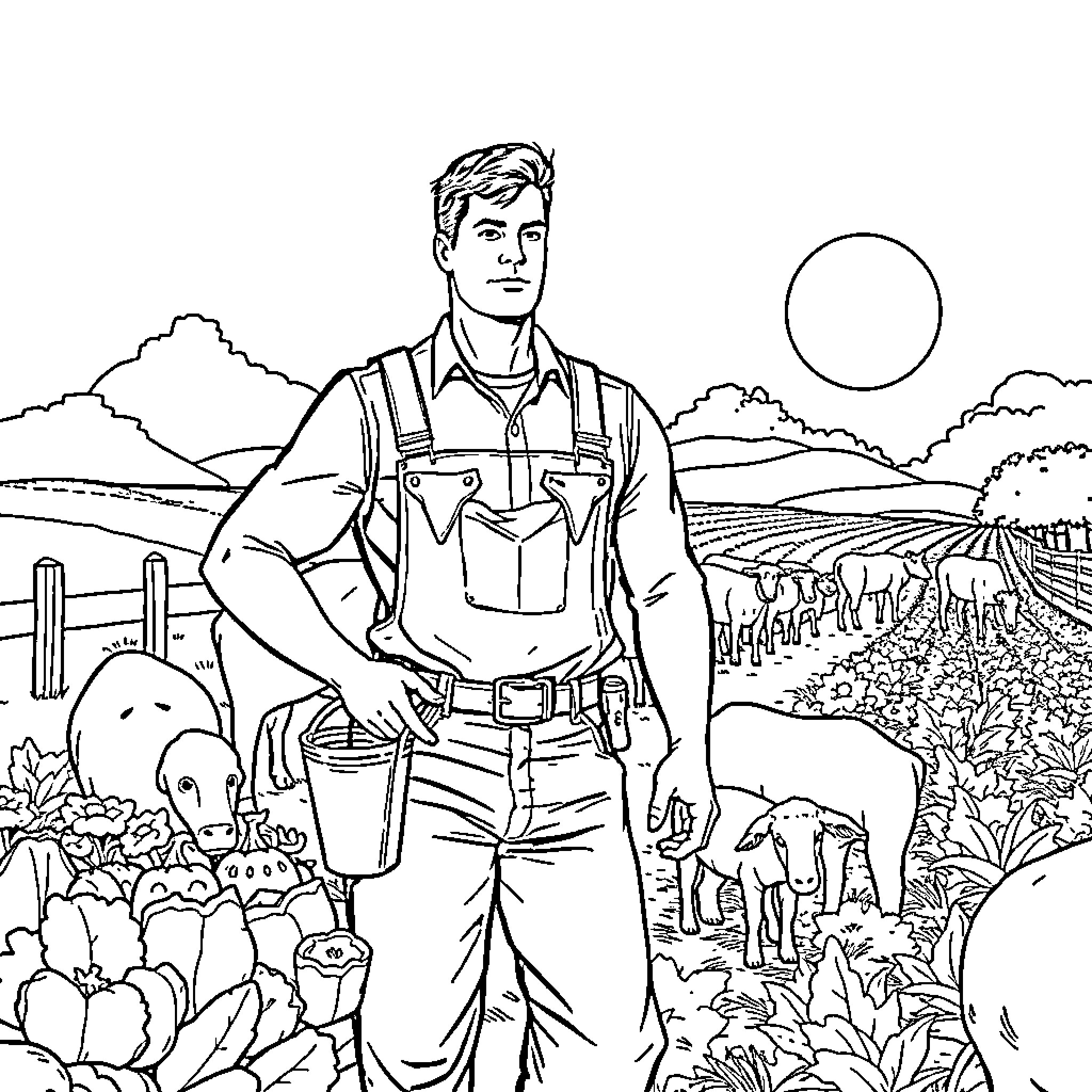 Clark Kent Surveying the Rural Landscape Coloring Page (free black-and-white line drawing printable PDF for all, from beginners to advanced learners, including children, teens, adults, and seniors)