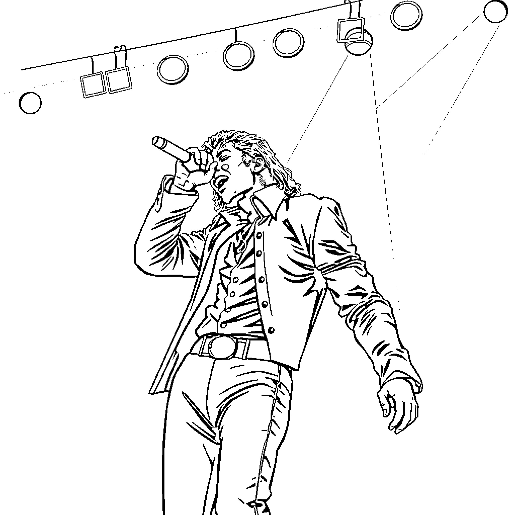 Michael Jackson Performing on Stage Coloring Page (free black-and-white line drawing printable PDF for all, from beginners to advanced learners, including children, teens, adults, and seniors)