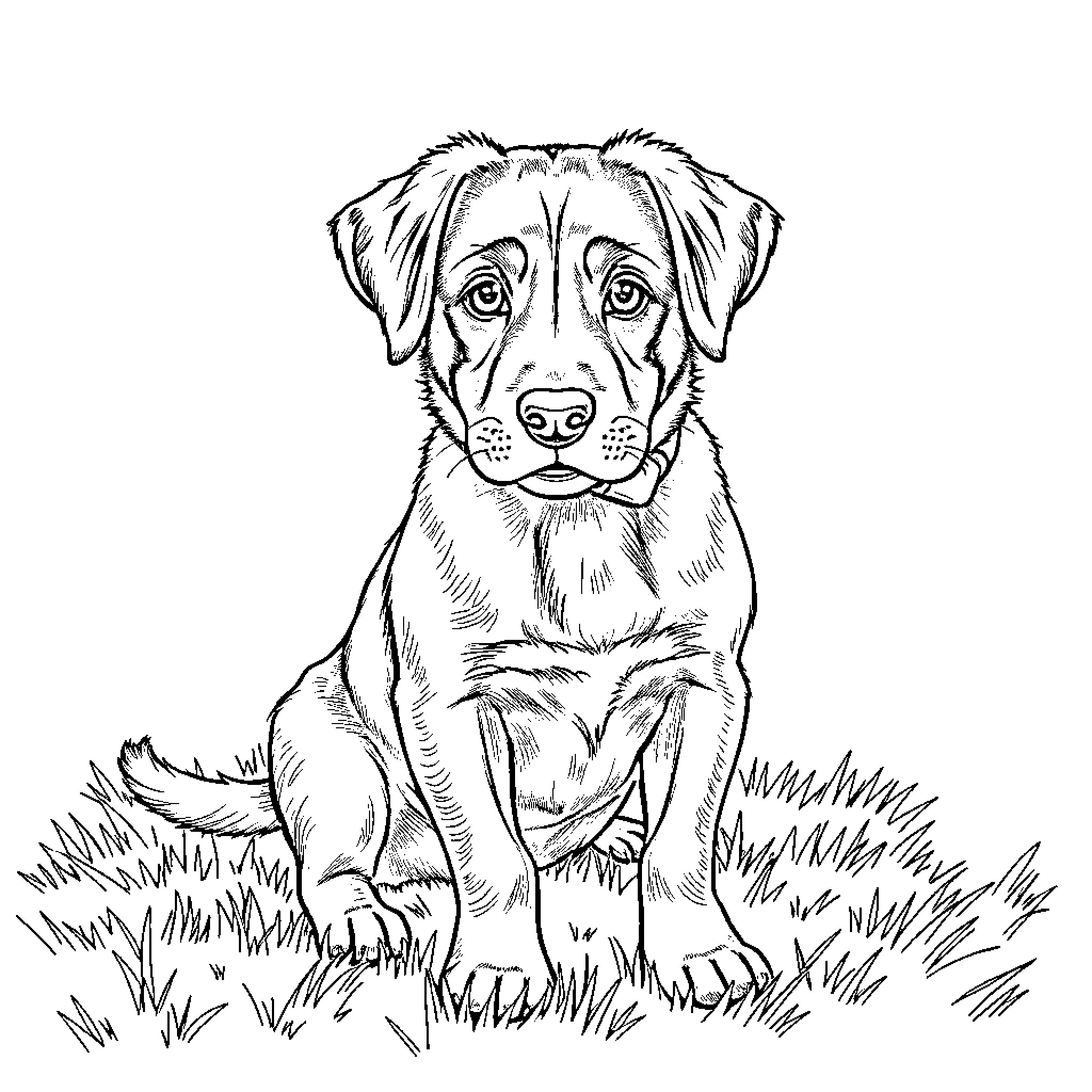 Dog Sitting Attentively in the Grass Coloring Page (free black-and-white line drawing printable PDF for all, from beginners to advanced learners, including children, teens, adults, and seniors)