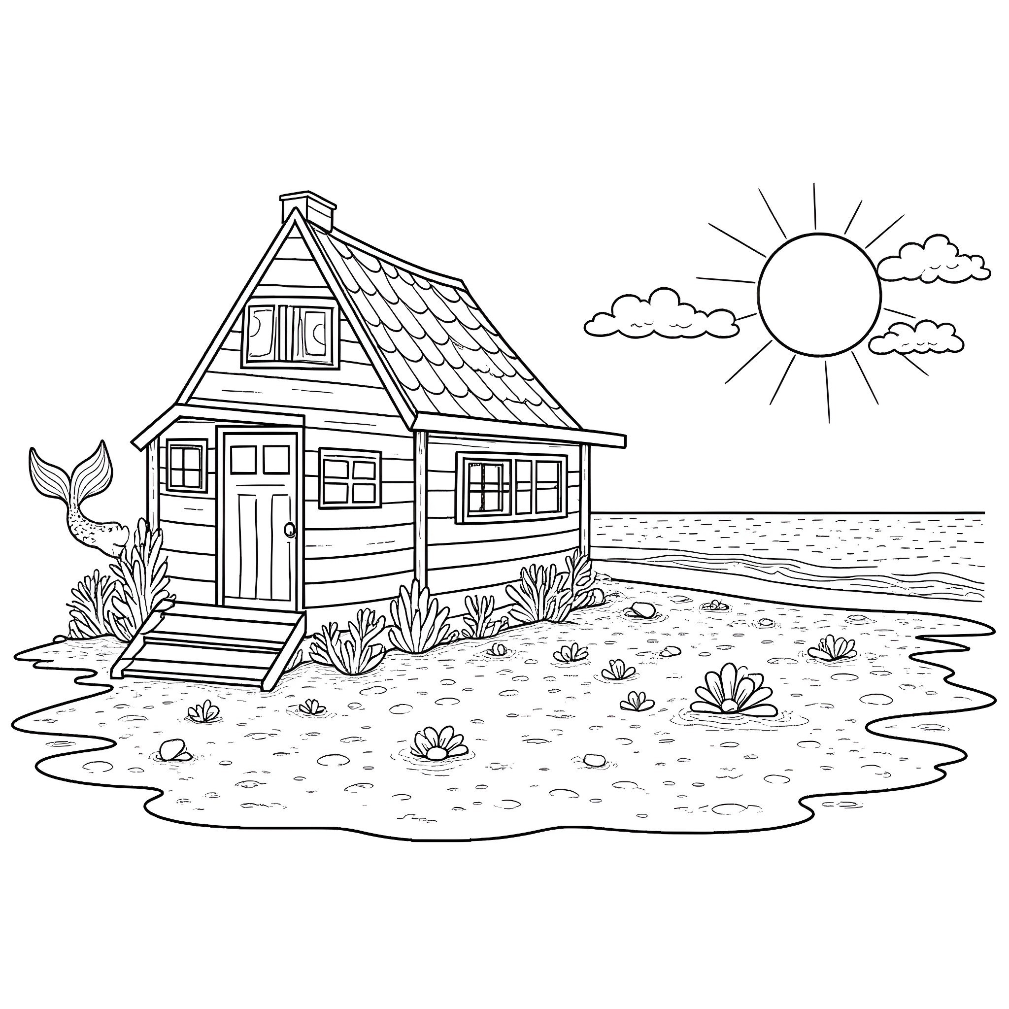 Cottage by the Peaceful Seaside Coloring Page (free black-and-white line drawing printable PDF for all, from beginners to advanced learners, including children, teens, adults, and seniors)