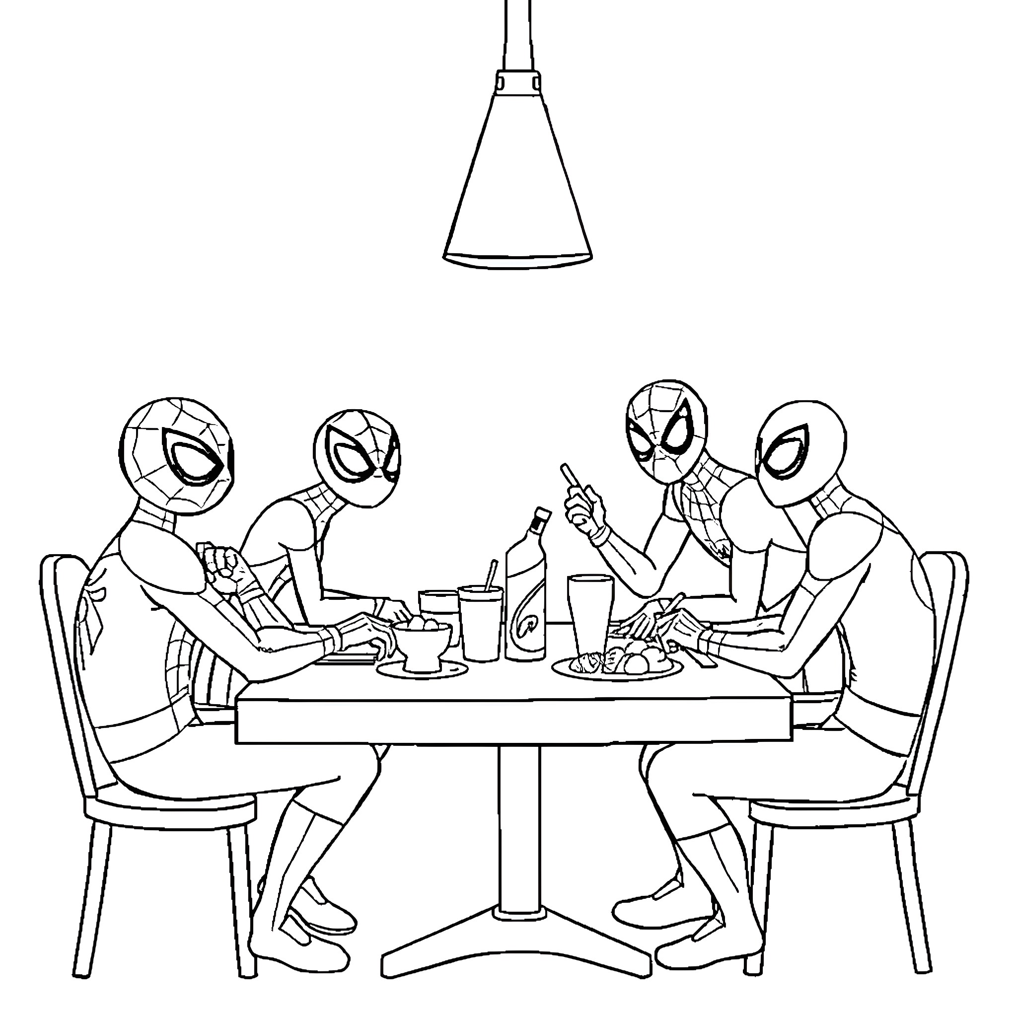 Spiderman heroes enjoying a meal together Coloring Page (free black-and-white line drawing printable PDF for all, from beginners to advanced learners, including children, teens, adults, and seniors)