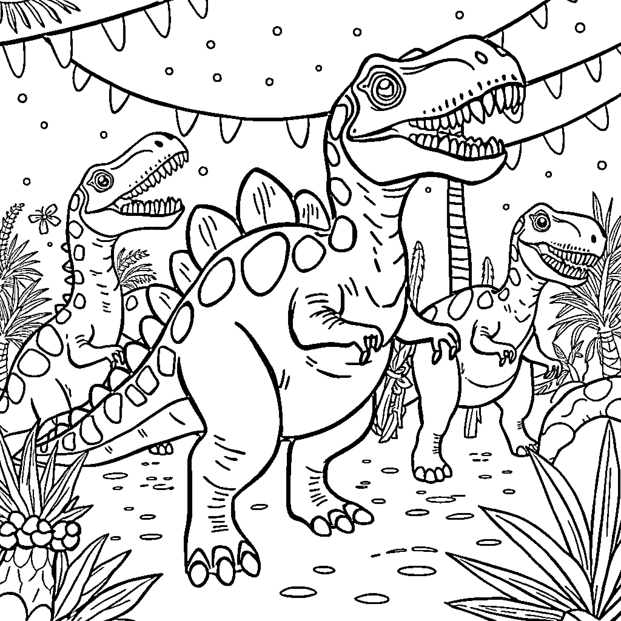 Parasaurolophus dinosaurs in playful celebration Coloring Page (free black-and-white line drawing printable PDF for all, from beginners to advanced learners, including children, teens, adults, and seniors)