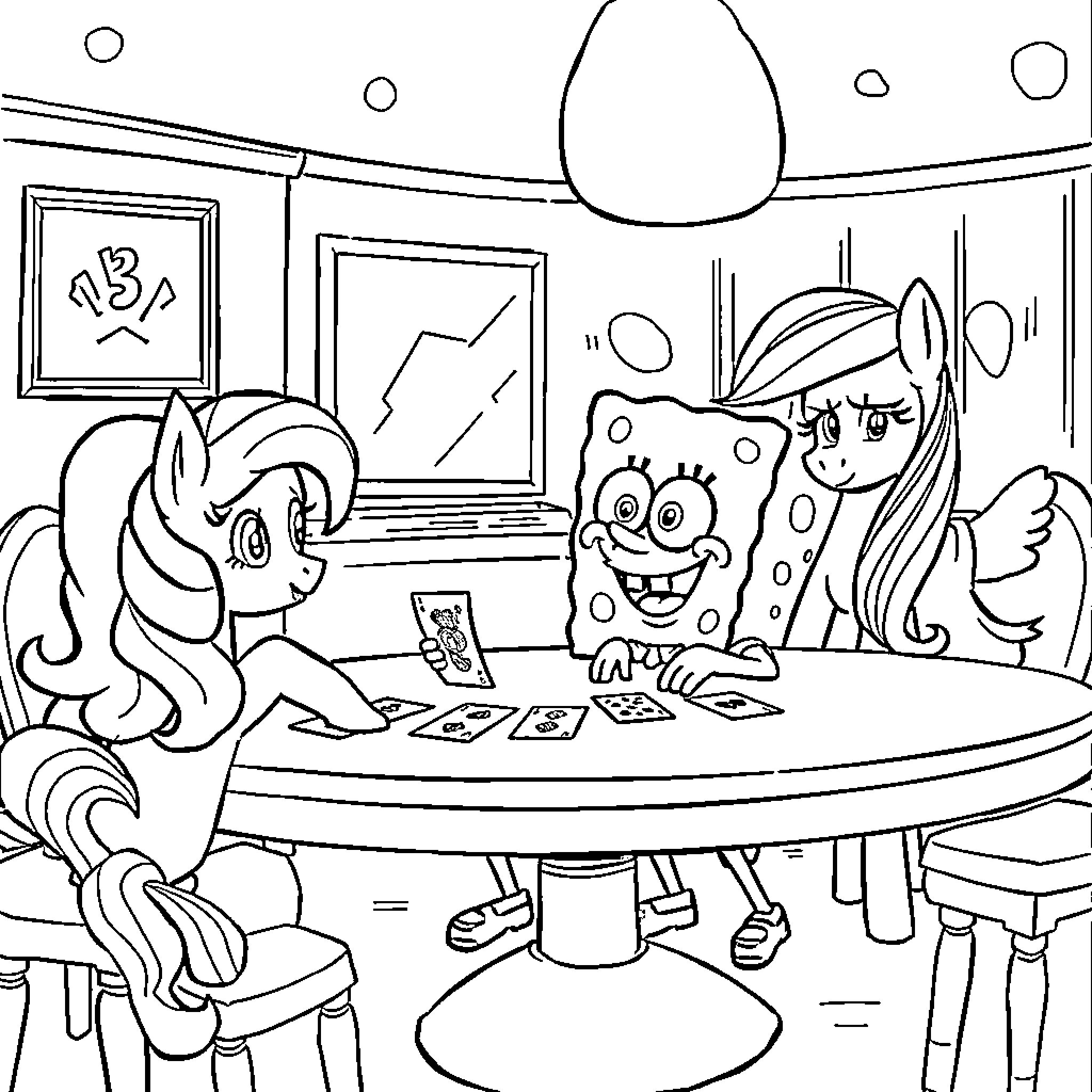 Spongebob and friends playing board games happily Coloring Page (free black-and-white line drawing printable PDF for all, from beginners to advanced learners, including children, teens, adults, and seniors)