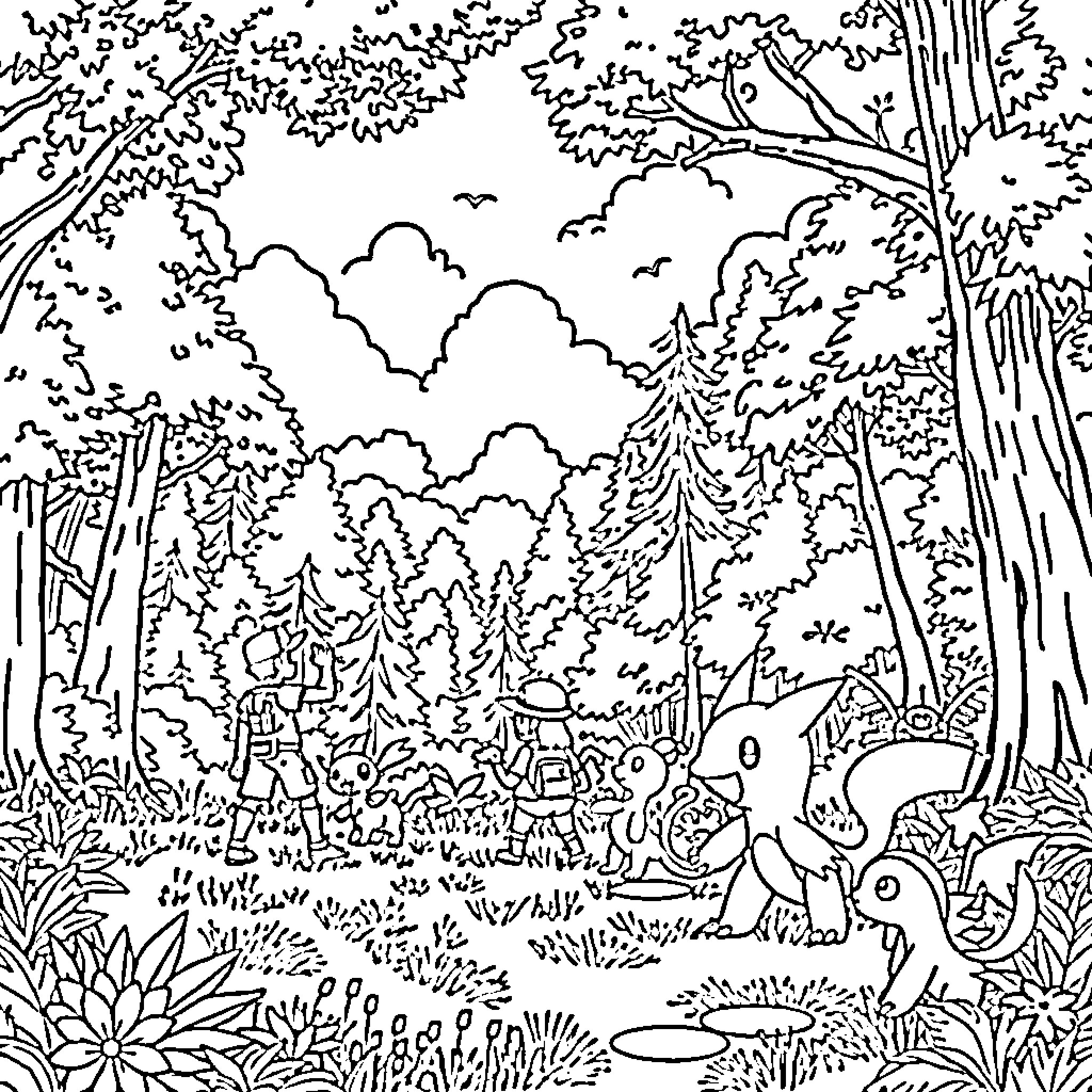 Pokémon characters exploring the enchanted forest Coloring Page (free black-and-white line drawing printable PDF for all, from beginners to advanced learners, including children, teens, adults, and seniors)
