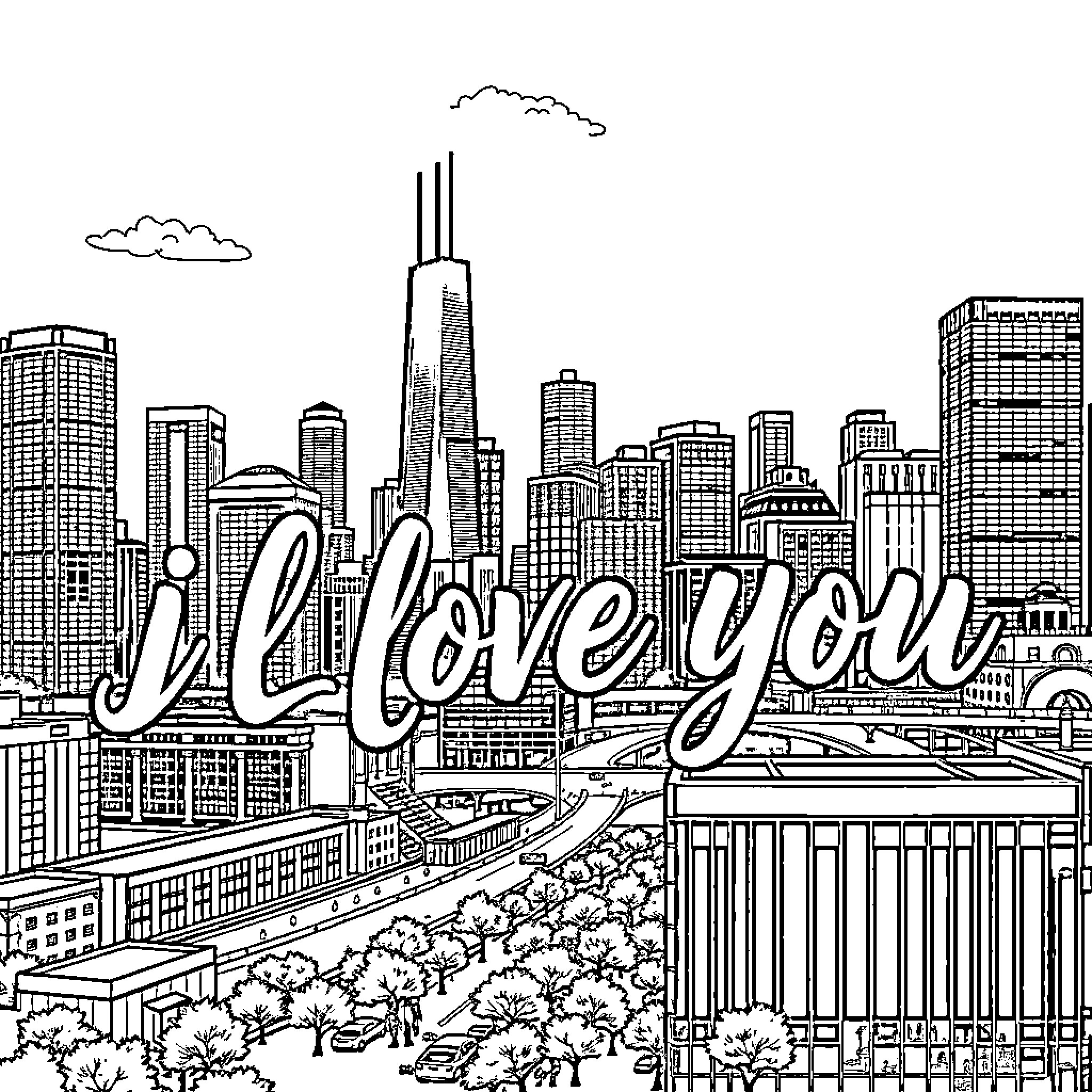 Love the City Skyline Coloring Page (free black-and-white line drawing printable PDF for all, from beginners to advanced learners, including children, teens, adults, and seniors)