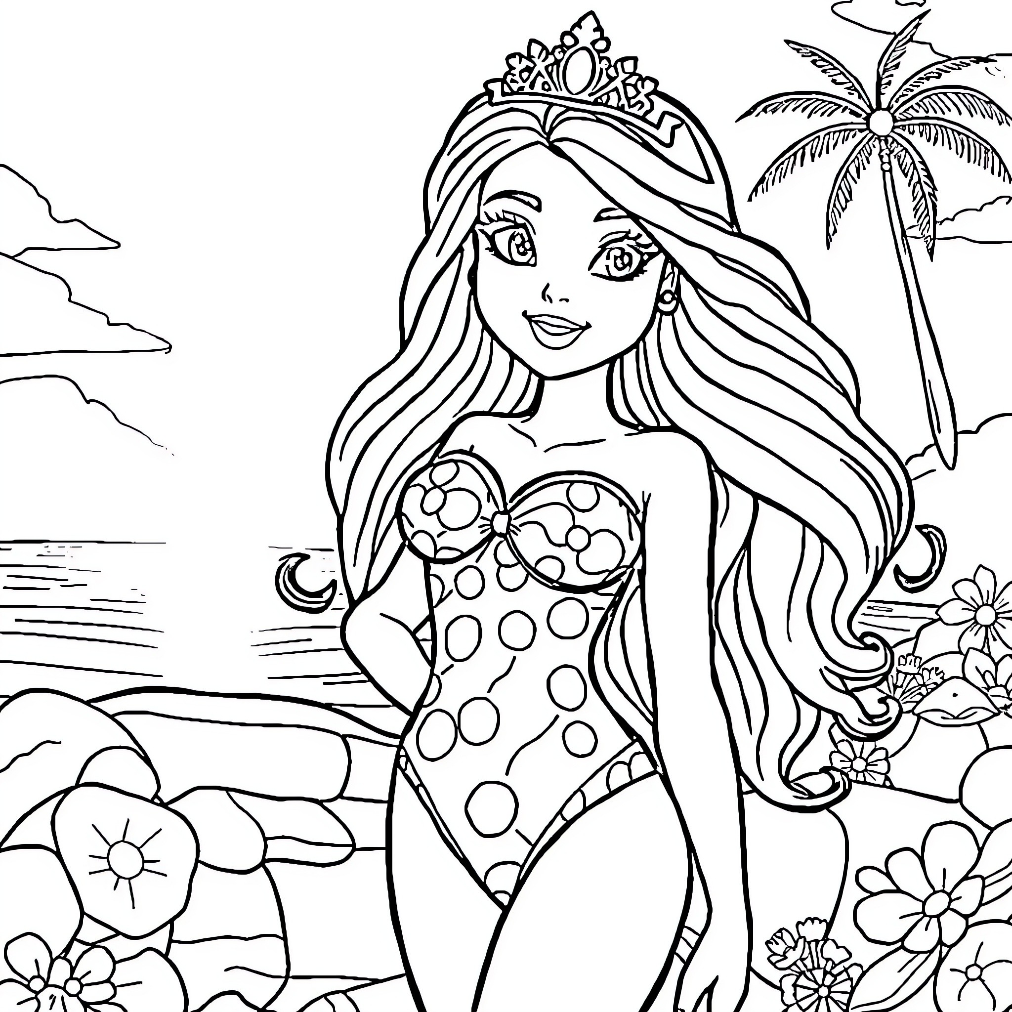 Princess in Tropical Beachscape with Flowers Coloring Page (free black-and-white line drawing printable PDF for all, from beginners to advanced learners, including children, teens, adults, and seniors)