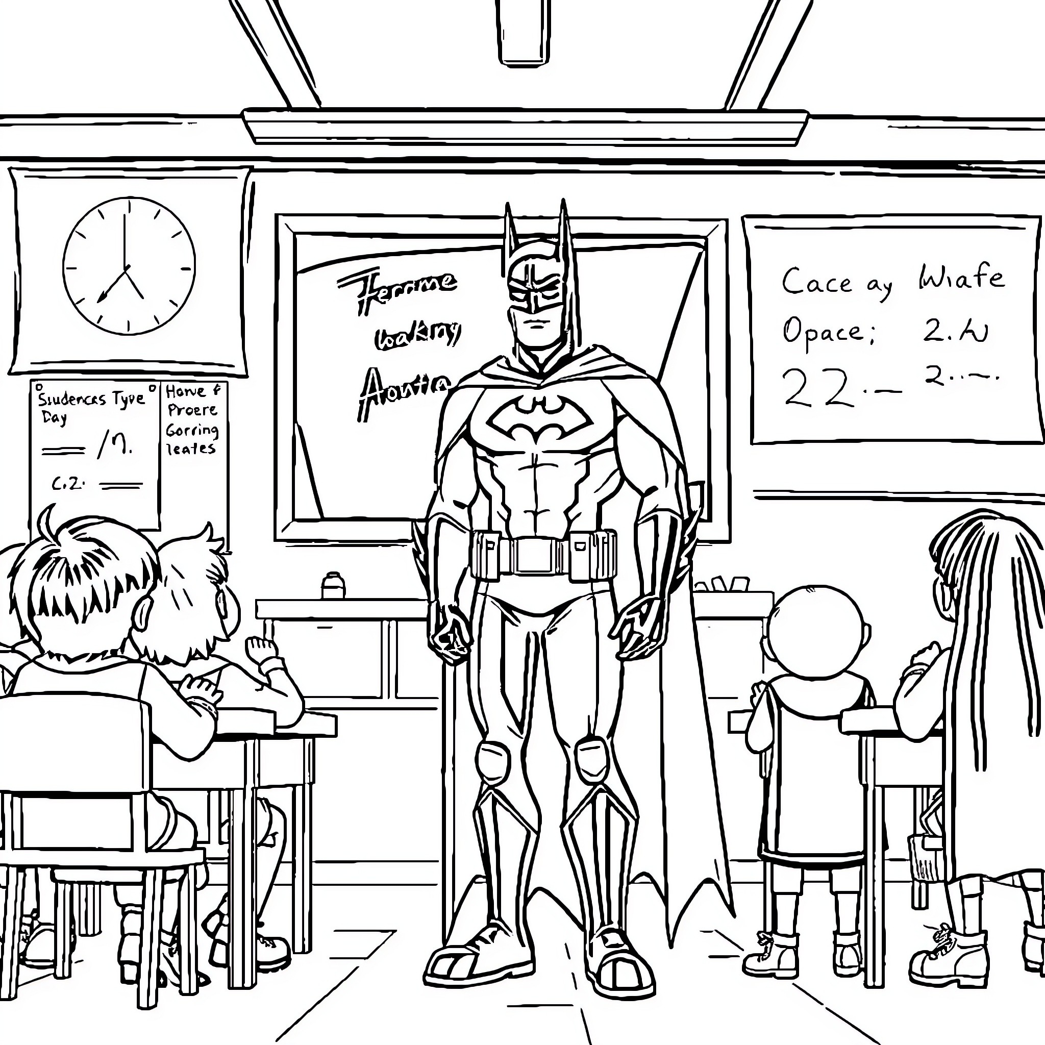 Batman watches over students in the classroom Coloring Page (free black-and-white line drawing printable PDF for all, from beginners to advanced learners, including children, teens, adults, and seniors)
